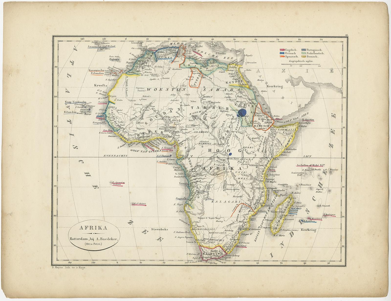 Antique map titled 'Afrika'. Map of Africa. This map originates from 'School-Atlas van alle deelen der Aarde' by Otto Petri. 

Artists and Engravers: Published by A. Baedeker (Otto Petri).

Condition: Good, general age-related toning. Minor