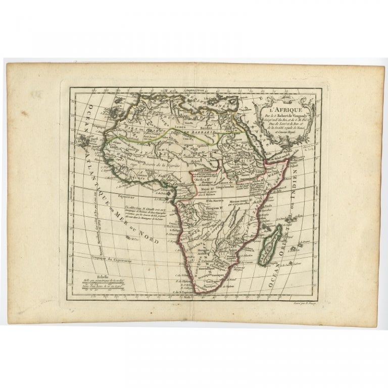 Antique map titled 'L'Afrique'. Original antique map of Africa. With beautiful title cartouche and scale. Source unknown, to be determined.

Artists and Engravers: Gilles Robert de Vaugondy (1688 - 1766), also known as Le Sieur or Monsieur Robert,