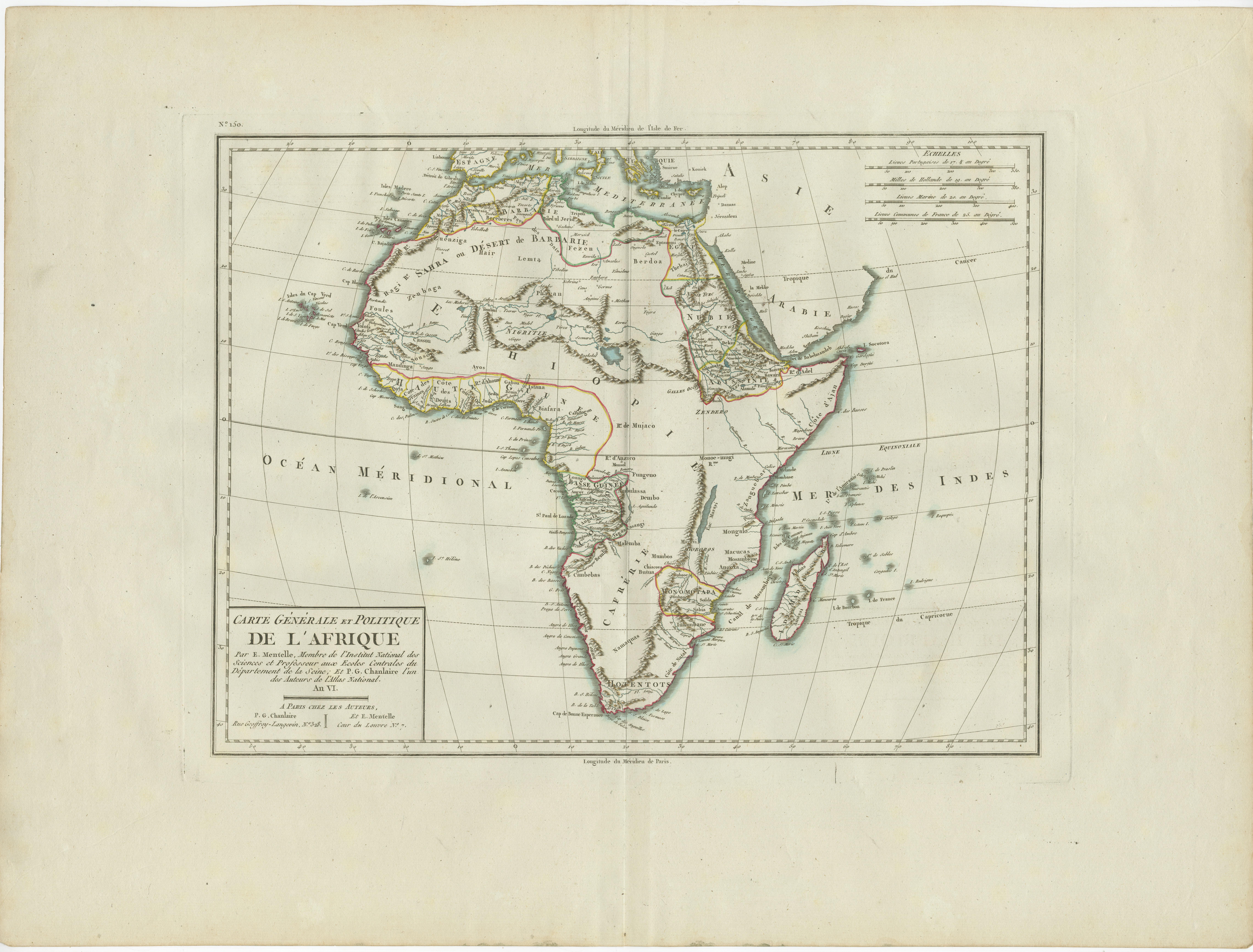 Antique map titled 'Carte générale et Politique de l'Afrique'. Original antique map of Africa. Highlights numerous mountain ranges, lakes and rivers, regions, countries and places. Published by Chanlaire and Mentelle, circa 1799. 