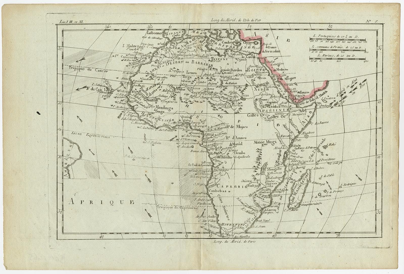 Antique map titled 'Afrique.' Detailed map of Africa, showing towns, rivers, some topographical features, ocean currents, ports and political boundaries. Source unknown, to be determined.

Artists and Engravers: Rigobert Bonne (1727-1795 ) was one