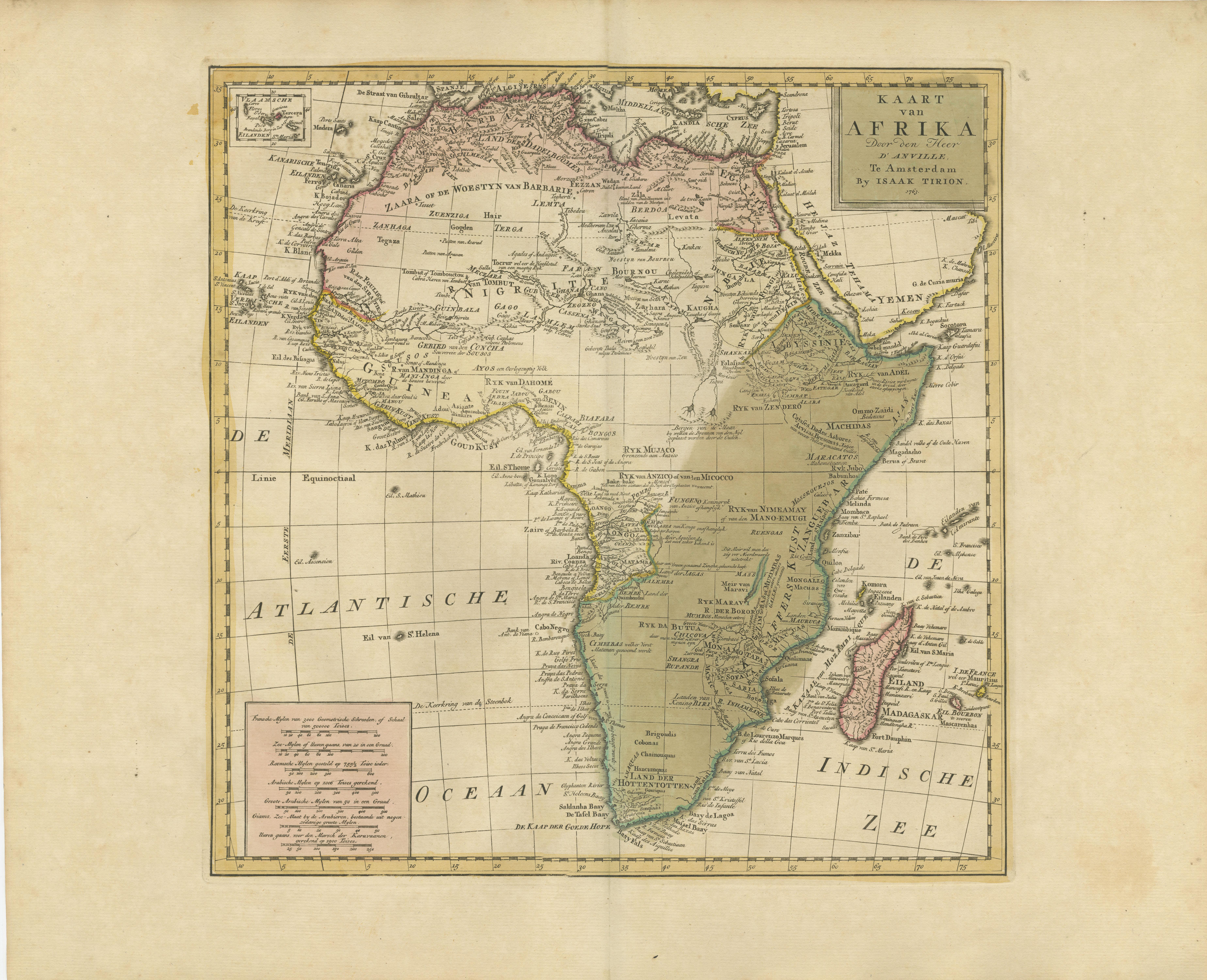 Antique map titled 'Kaart van Afrika door den Heer d'Anville'. Detailed original old map of Africa, with very small inset map titled 'Vlaamsche Eilanden', which shows the Azores. Published by I. Tirion, circa 1760. 

Tirion was born in Utrecht in