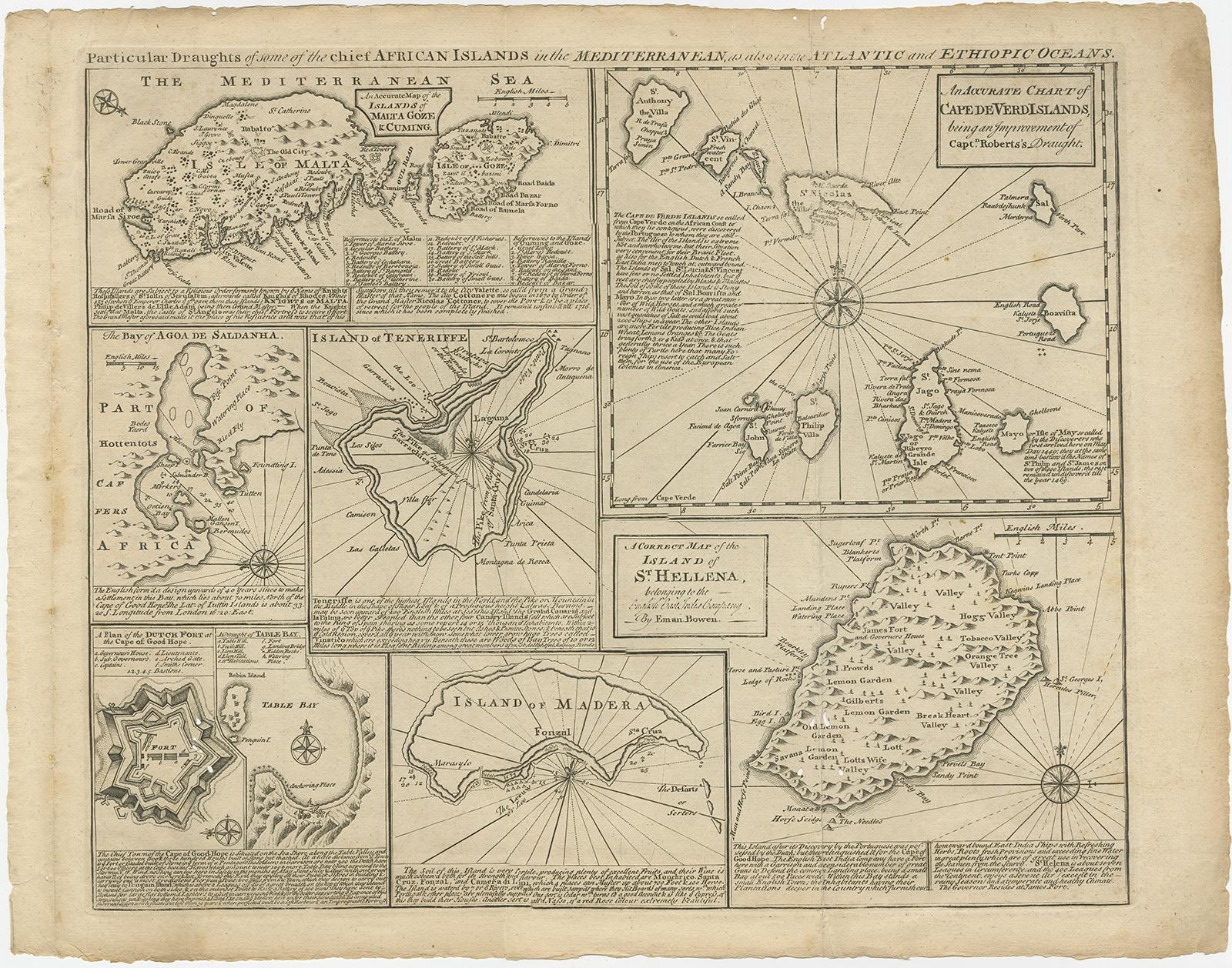 Antique map titled 'Particular draughts of some of the chief African Islands in the Mediterranean (..)'. 

Detailed set of eight maps, including a large and detailed Malta, the Bay of Agoa de Saldanha, Tenerife, the Dutch Fortress at the Cape of