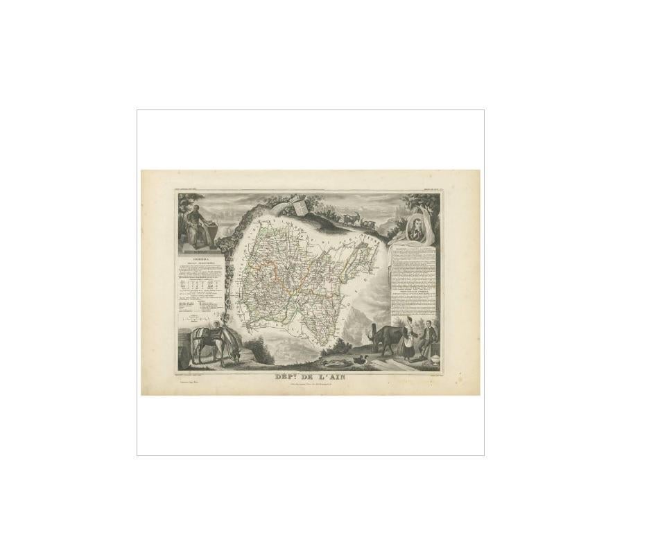 Antique map titled 'Dépt. de l'Ain'. Map of the French department of l'Ain, France. This area of France is known for its Bugey wines, which are generally aromatic and white. It is also known for its Fine blue cheese, poultry, and fisheries. The