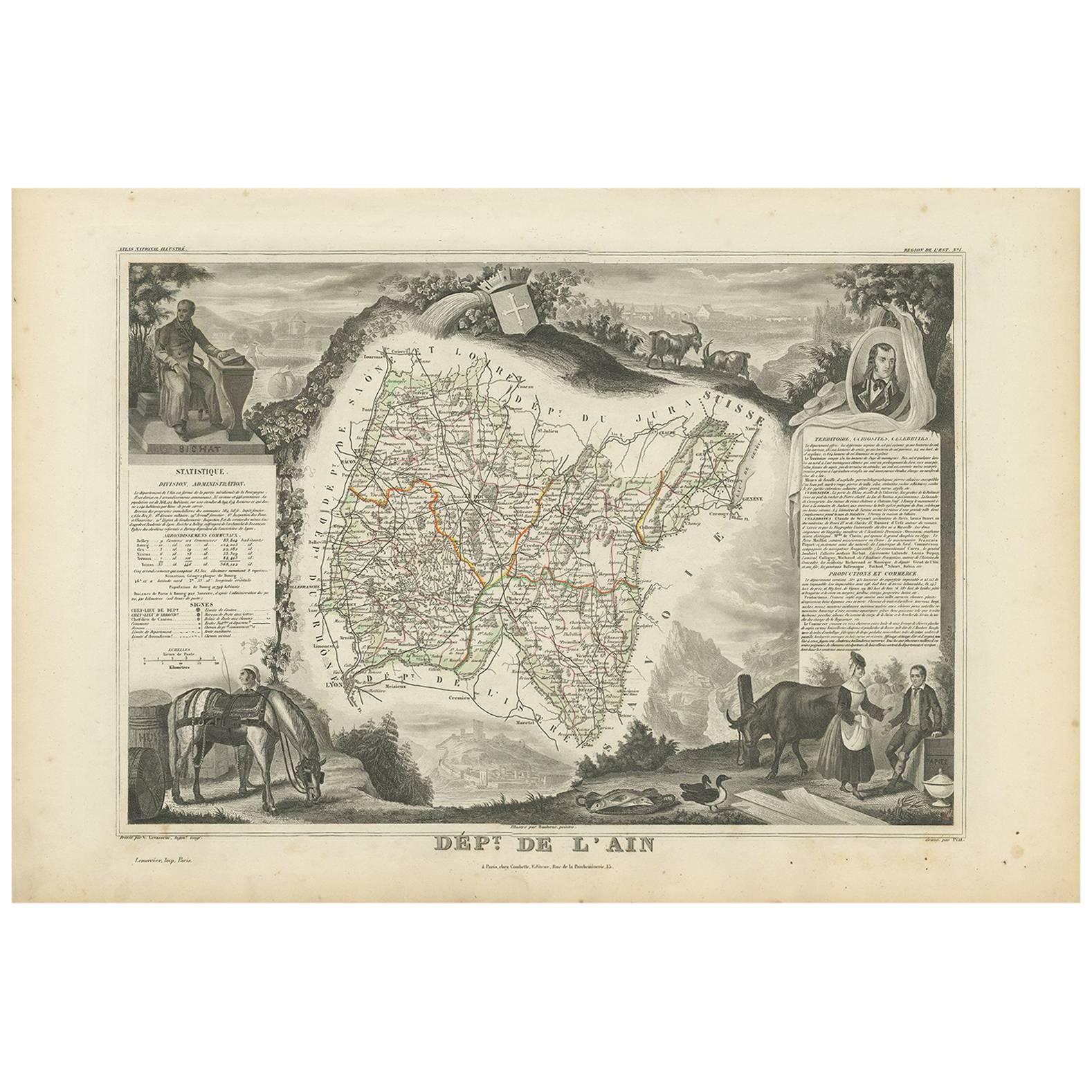 Antique Map of Ain ‘France’ by V. Levasseur, 1854 For Sale