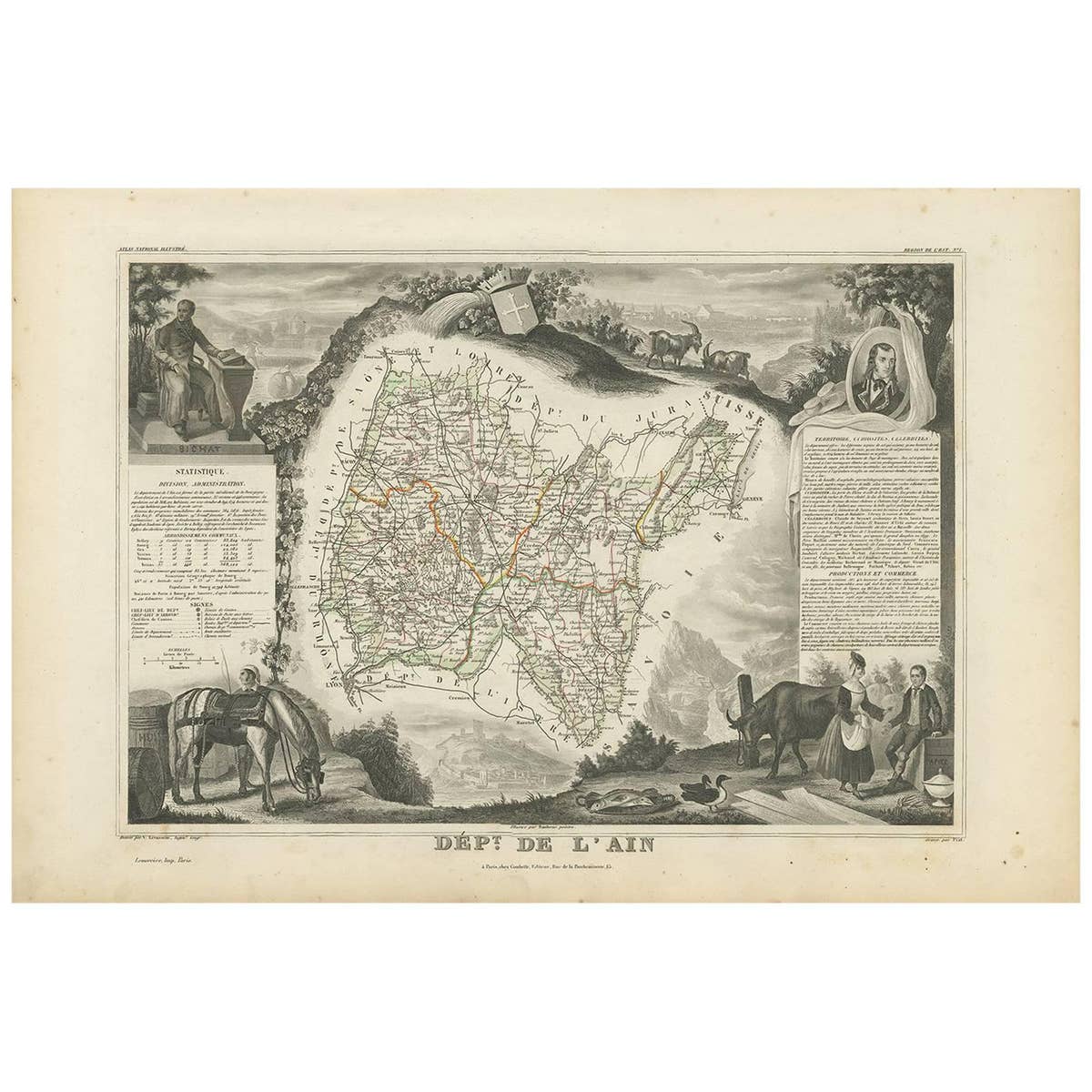 Antique Map of Ain ‘France’ by V. Levasseur, 1854