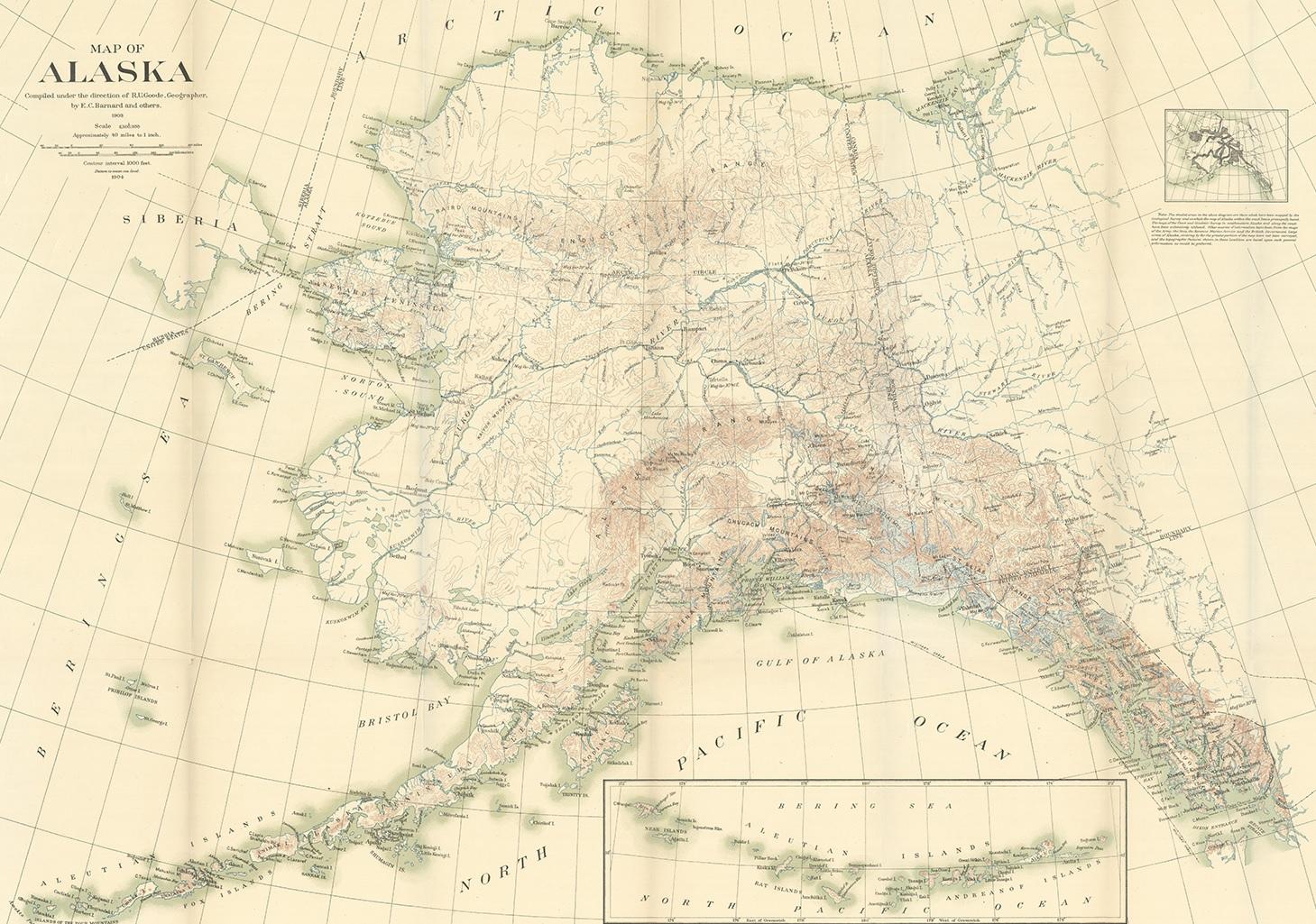 An antique map titled 'Map of Alaska Compiled Under the Direction of R.U. Goode, Geographer,' which relies on data from both the U.S. Geological Survey and the U.S. Coast and Geodetic Survey; a significant historical document. Here are some aspects
