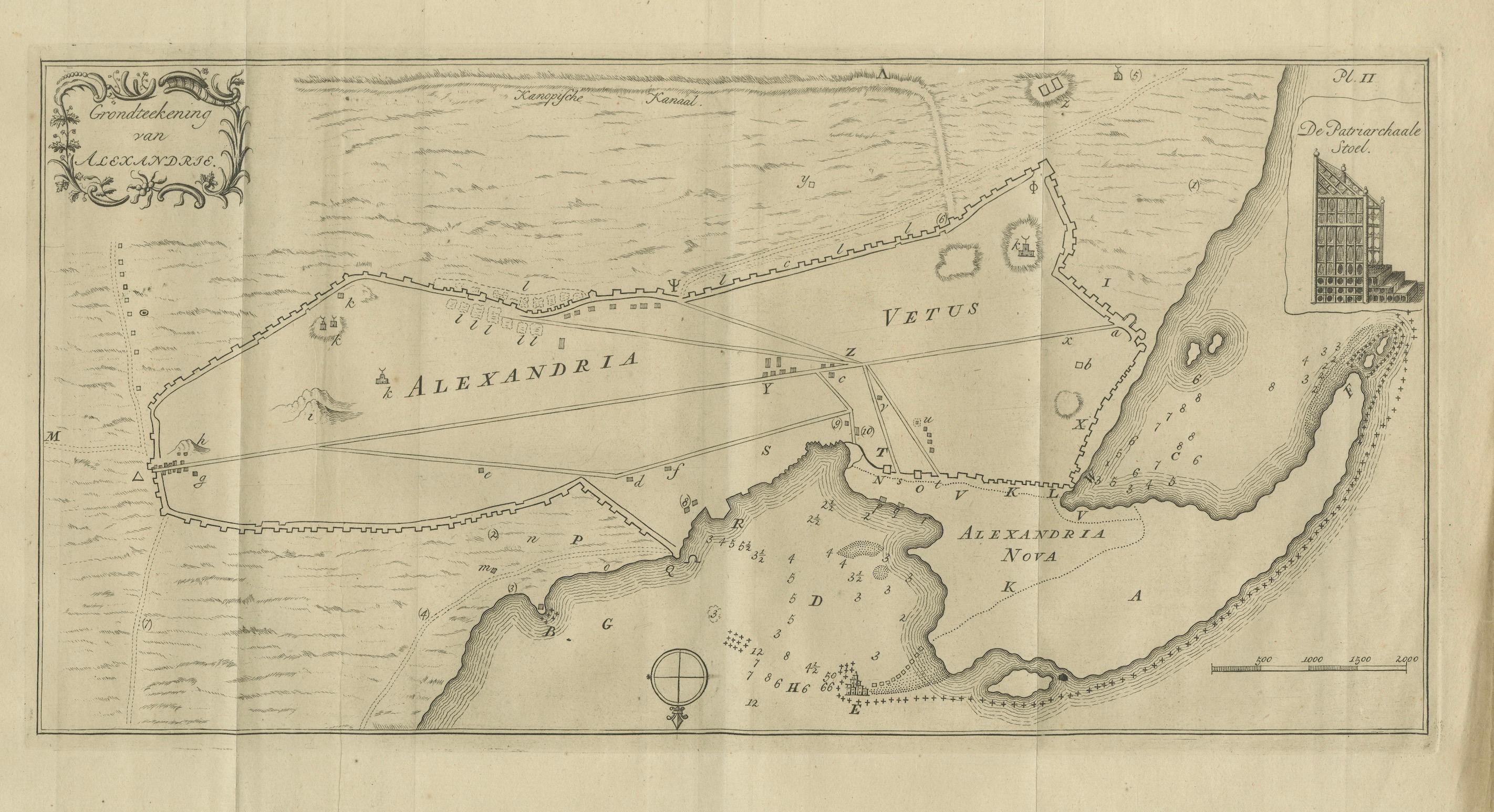 Antike Karte von Alexandria Ägypten - Plan von Vetus & Nova, Inset des Patriarchen Sitz (18. Jahrhundert) im Angebot