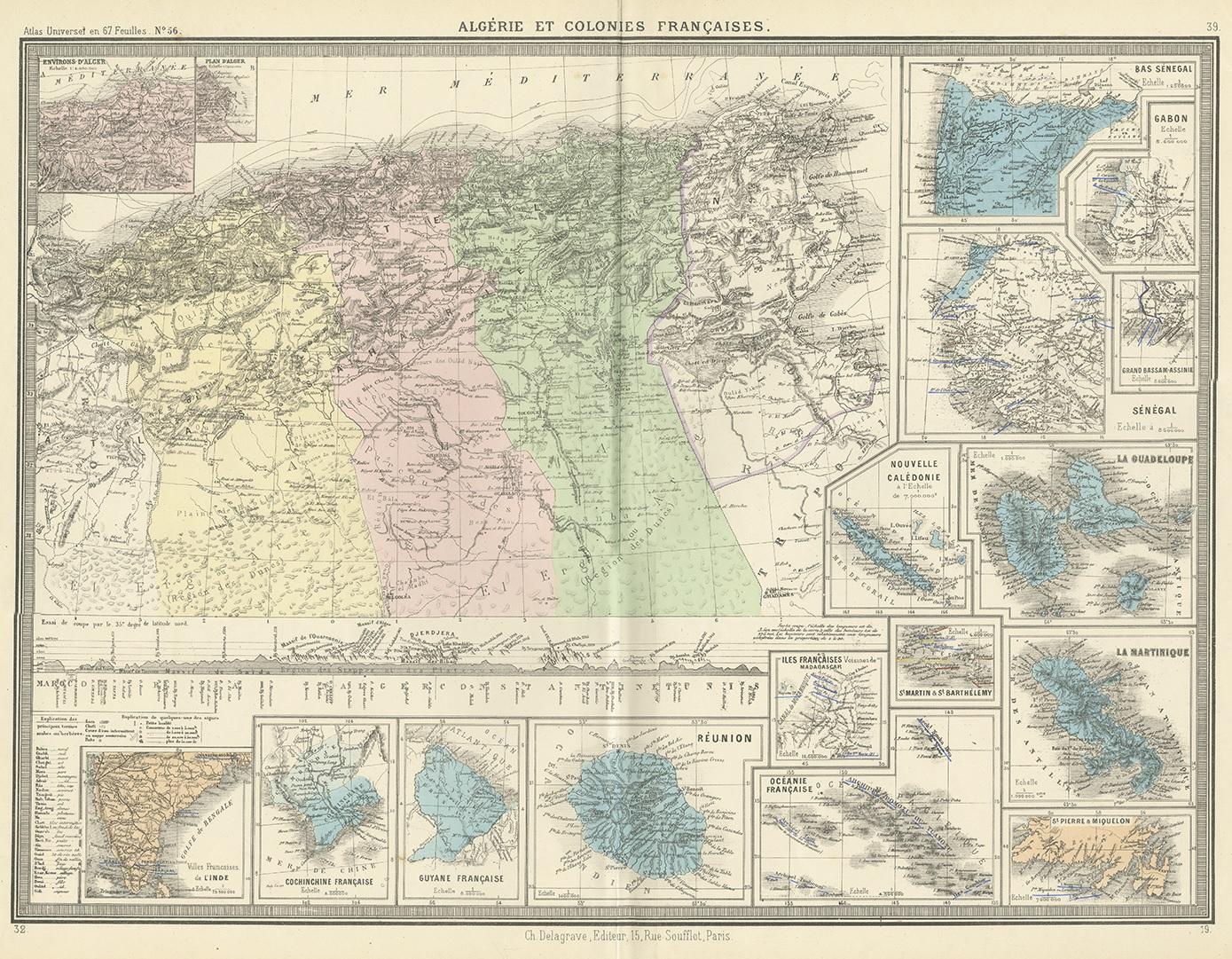 Antique map titled 'Algérie et Colonies Francaises'. Large map of Algeria and the French Colonies. This map originates from 'Atlas de Géographie Moderne Physique et Politique' by A. Levasseur. Published 1875.