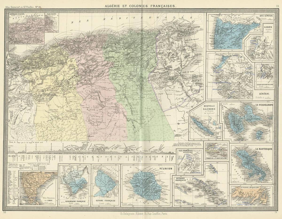 Antique Map of Algeria and the French Colonies, 1875