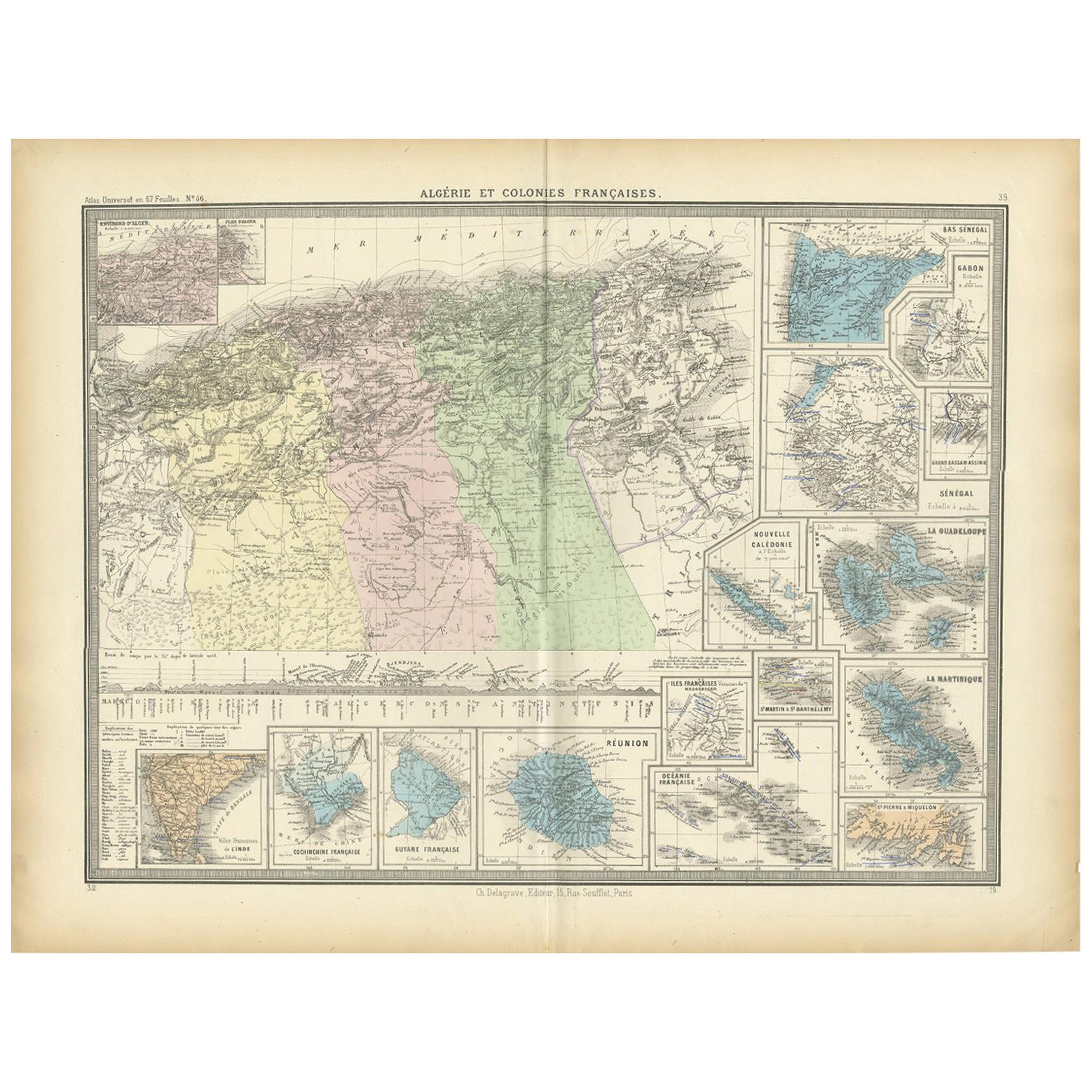 Carte ancienne d'Algénie et des colonies françaises, 1875