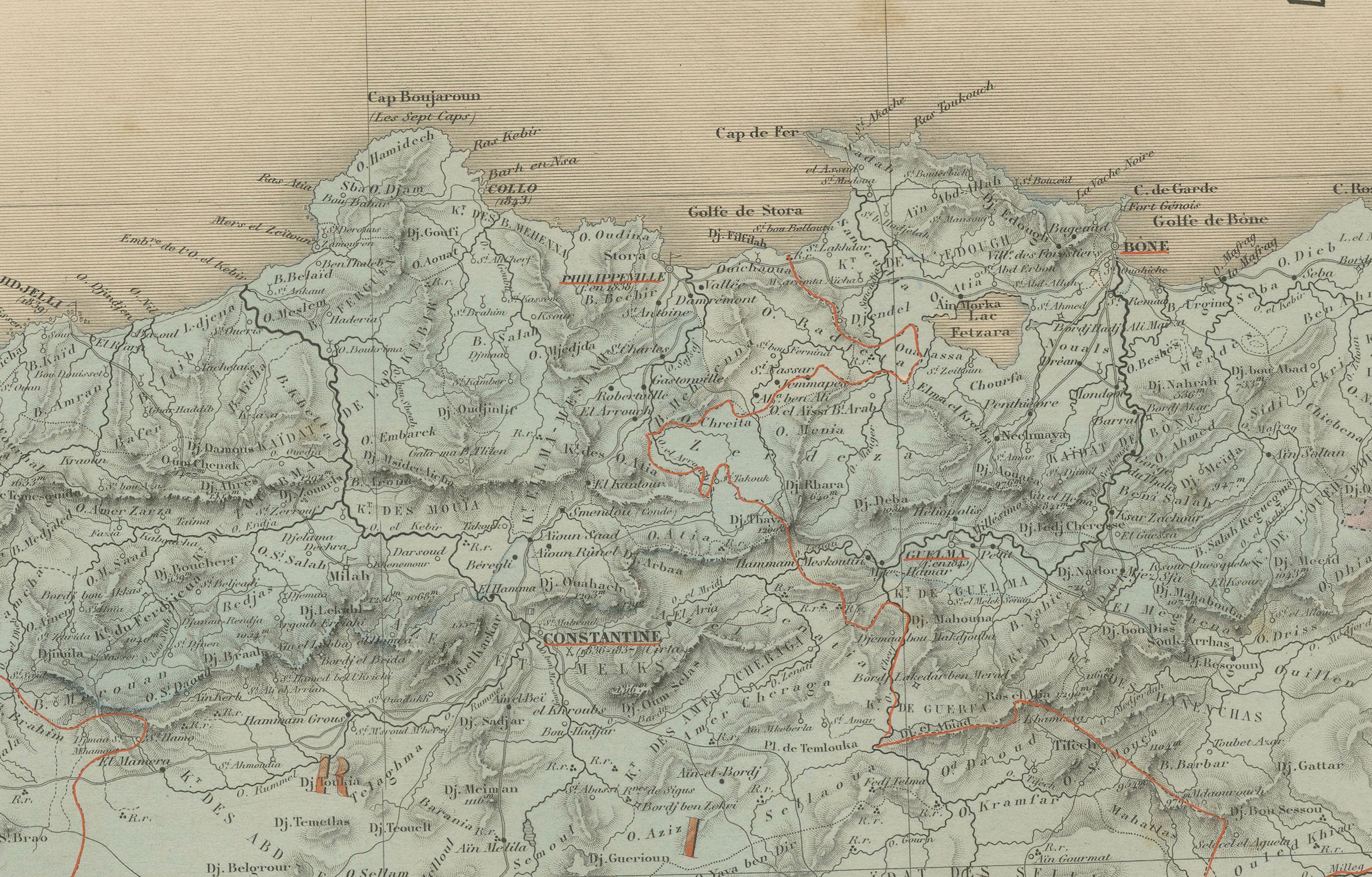 Carta geografica antica dell'Algeria, Tunisia e Tripolitania - Andriveau-Goujon, Parigi 1865

Questa mappa finemente dettagliata e ben colorata è stata incisa e pubblicata a Parigi nel 1865 dal famoso cartografo E. Andriveau-Goujon. Intitolata