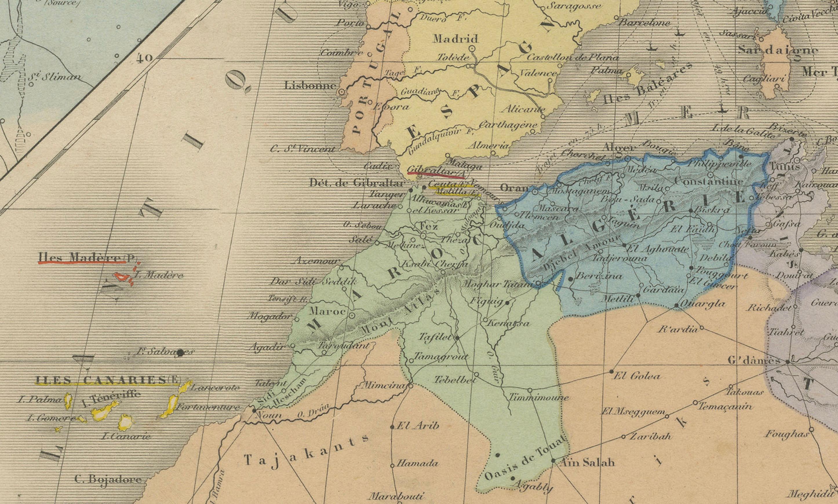 XIX secolo Carta geografica antica dell'Algeria, Tunisia e Tripolitania - Andriveau-Goujon, Parigi 1865 in vendita