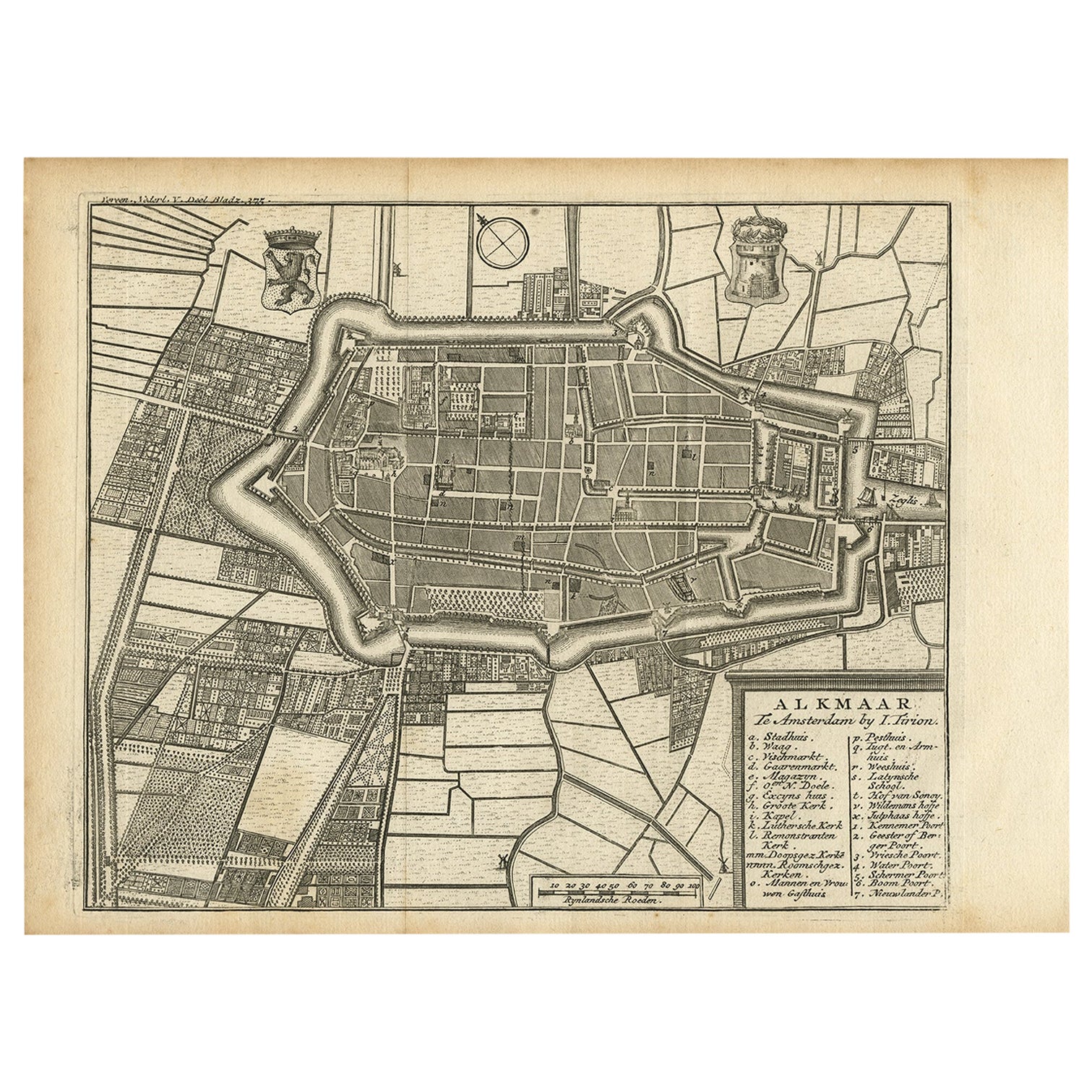 Mappa antica di Alkmaar, città nota per il suo mercato del formaggio, Paesi Bassi, 1740 ca.