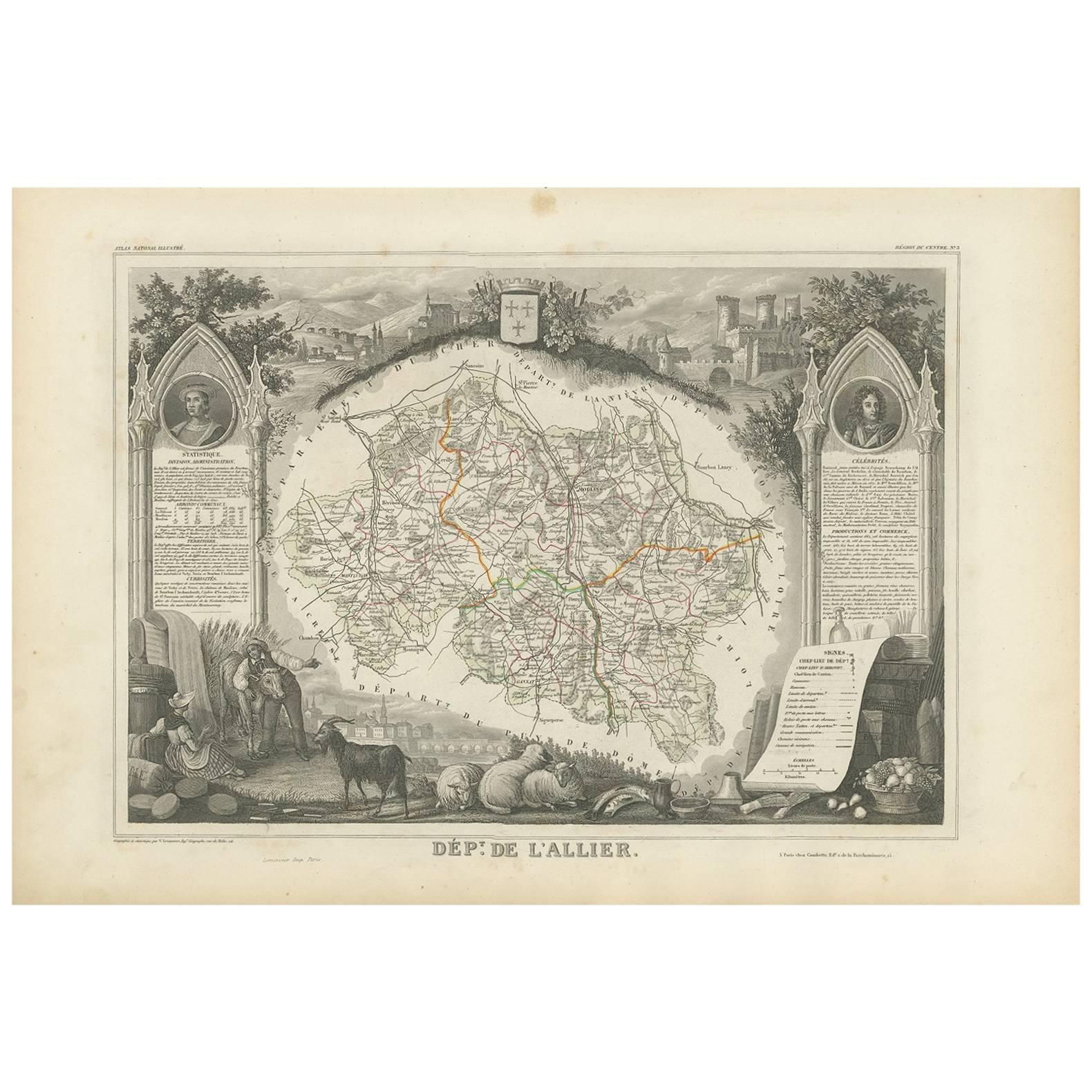 Antique Map of Allier ‘France’ by V. Levasseur, 1854