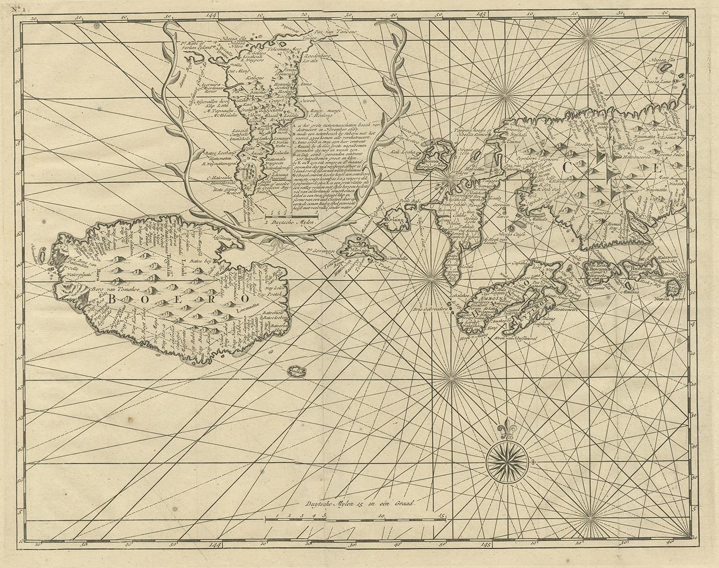Untitled map of the western part of the island Amboina with Boero, Indonesia. This print originates from 'Oud en Nieuw Oost-Indiën' by F. Valentijn.