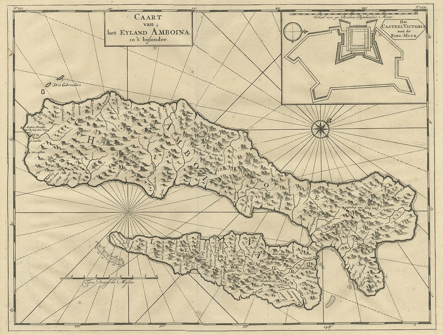 Antike Karte mit dem Titel 'Caart van het Eyland Amboina in 't bijsonder'. Karte der Inseln Ambon und Timor, einer der Molukkeninseln, Indonesien, mit einer Darstellung der Burg Victoria mit der Ringmauer. Dieser Druck stammt aus 