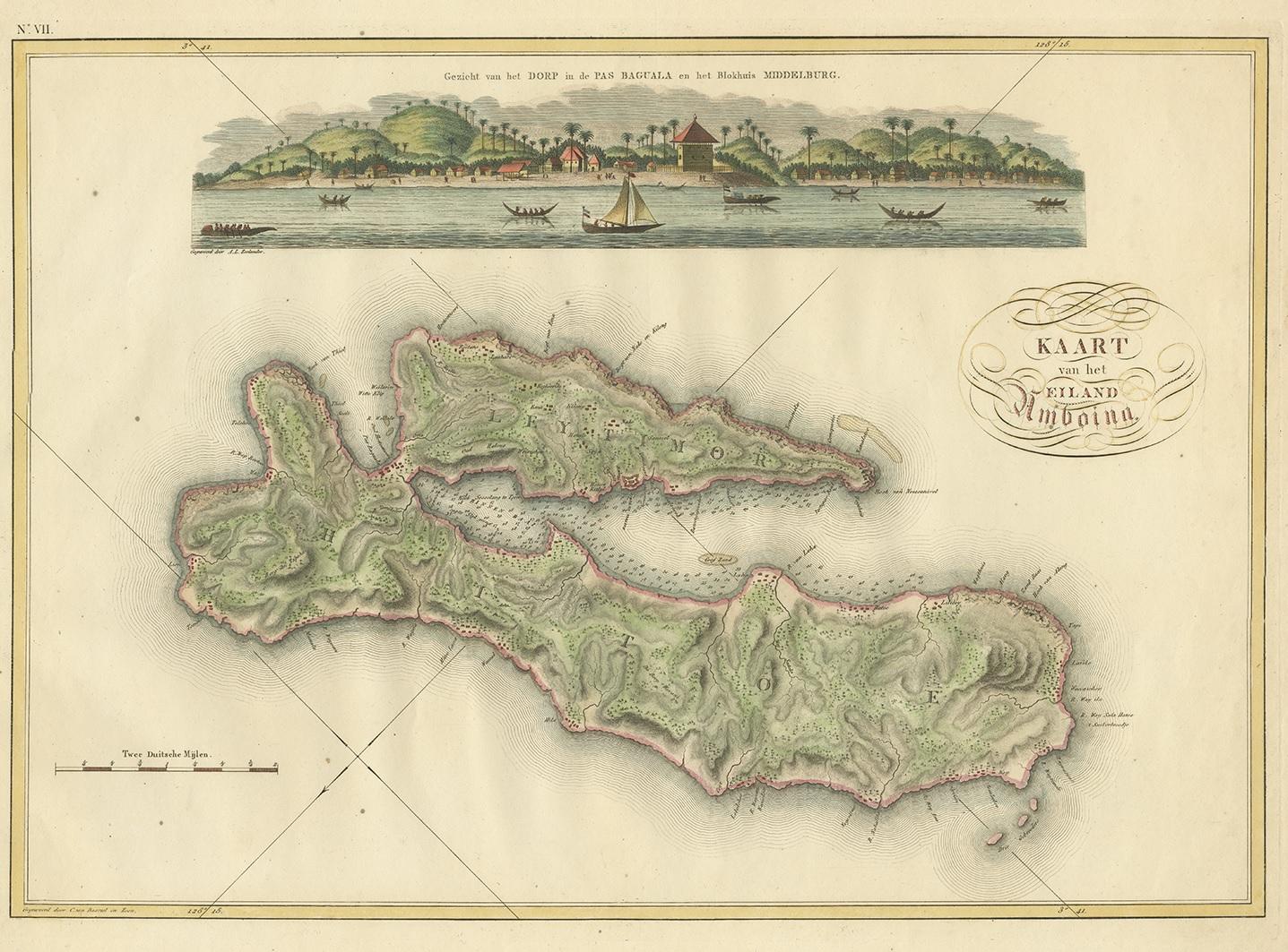 Antique map titled 'Kaart van het Eiland Amboina'. Rare and attractive map of Ambon Island. One of 12 maps from 'Atlas van Overzeesche bezittingen' (Atlas of Oversea Possessions) by J.S. van den Bosch. J.S. van den Bosch (1780-1844), major general,