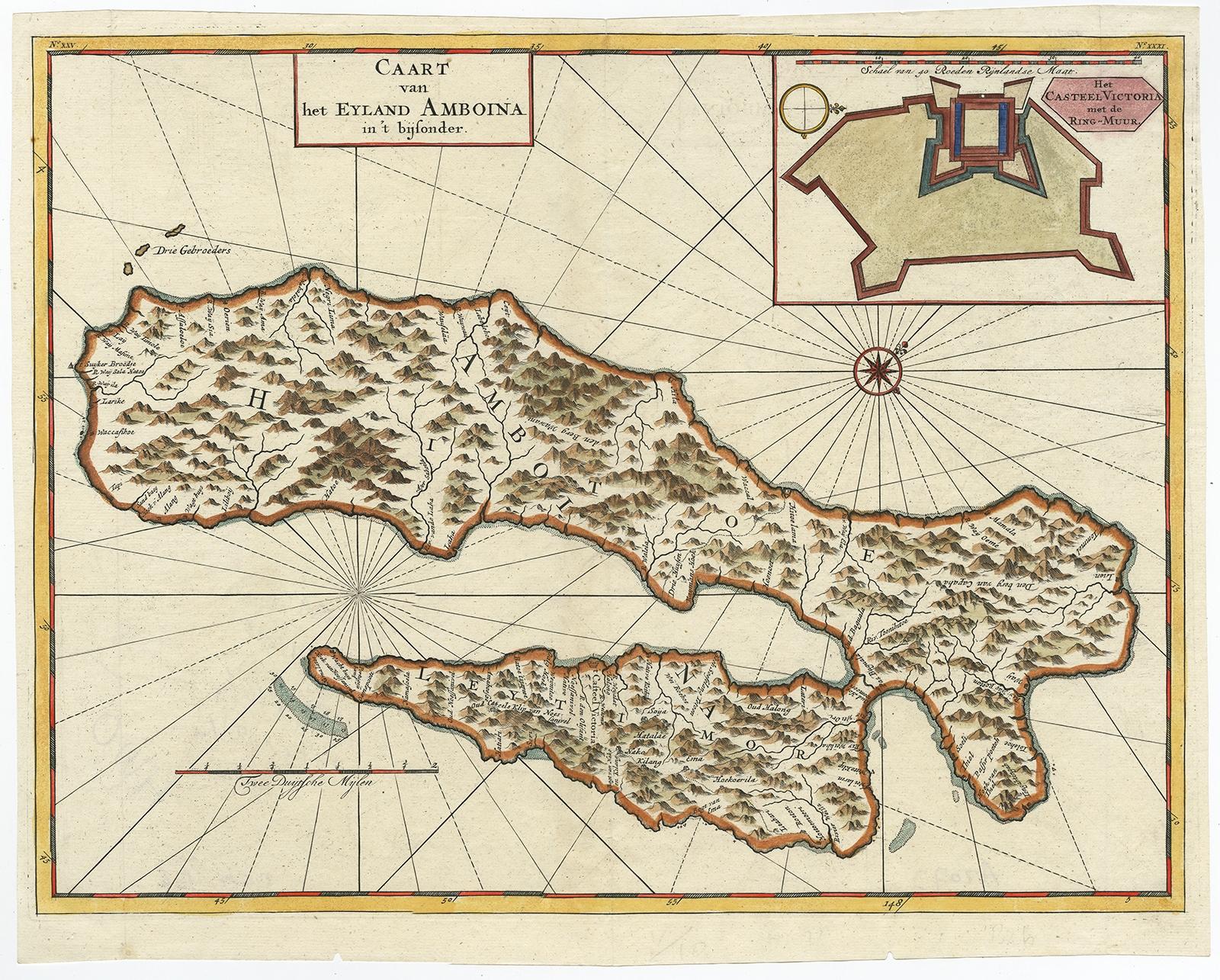 Mapa antiguo titulado 'Caart van het Eyland Amboina (..)'. Mapa detallado de la isla de Ambon y Timor, islas Molucas, por Francois Valentyn. Con un recuadro del castillo Victoria. Este mapa procede de 