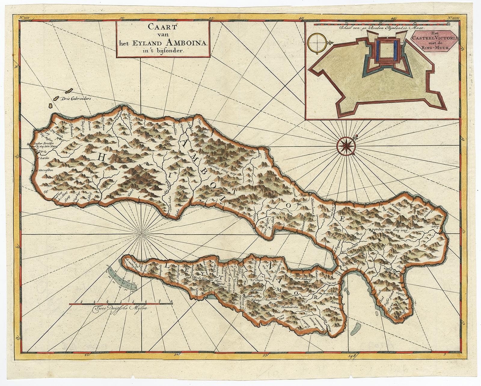 Antique map titled 'Caart van het Eyland Amboina (..).' Detailed map of the Ambon Island and Timor, Molucca Islands, by Francois Valentyn. With an inset of castle Victoria. This map originates from 'Oud en Nieuw Oost-Indiën' by Francois Valentyn,