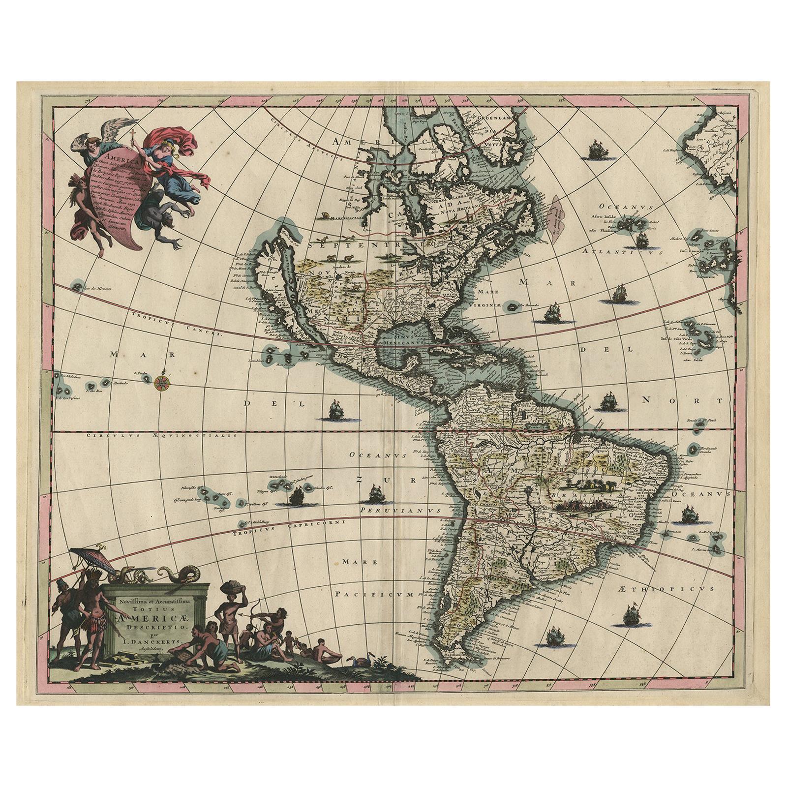 Carte ancienne originale de l'Amérique colorée à la main par Danckerts, vers 1680