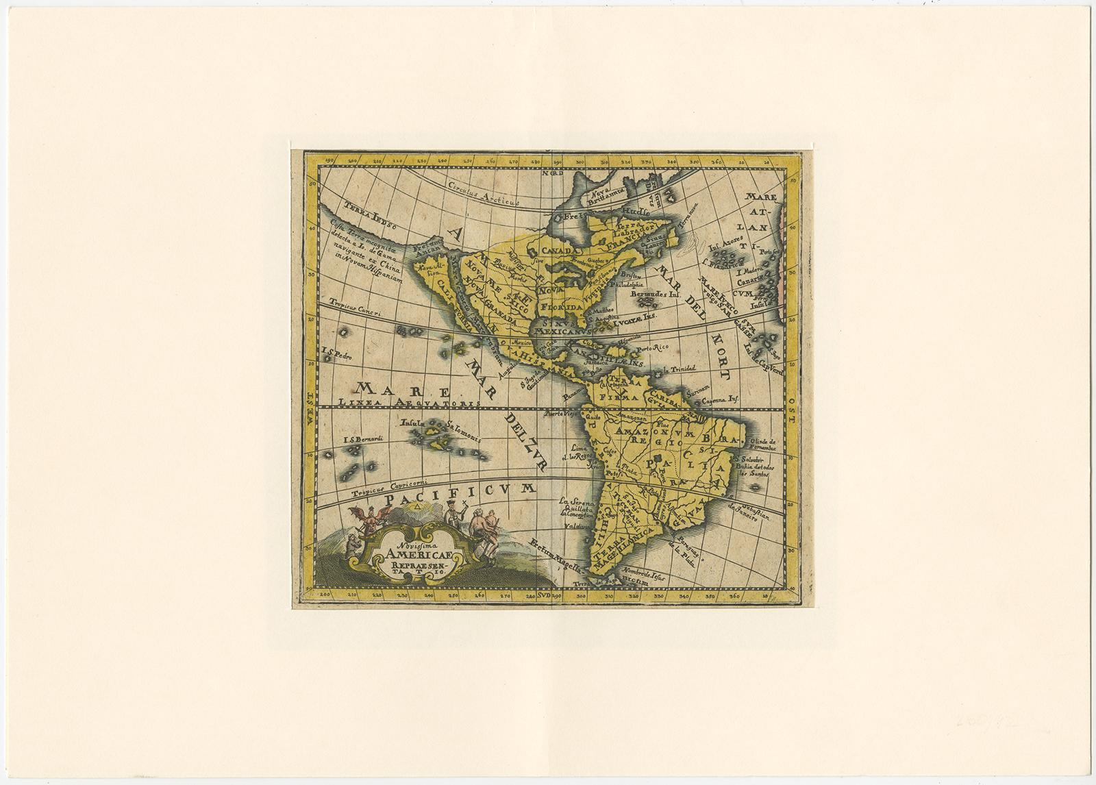 Antique map titled 'Novissima Americae Repraesentatio'. Rare miniature map of the American continent. This map covers the entirety of America from the Arctic Circle to Tierra del Fuego, including all of North and South America, as then known. The