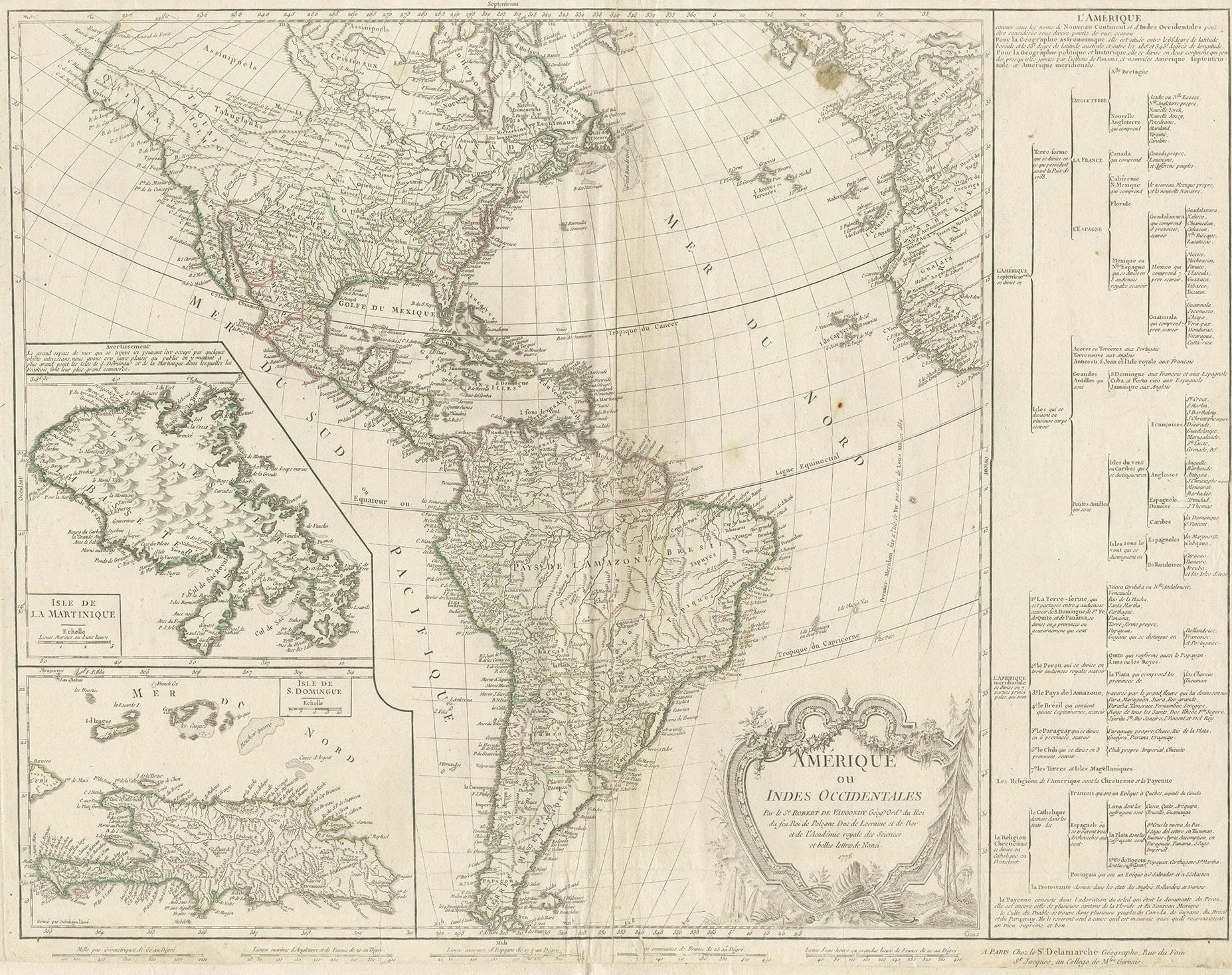 Antique map titled 'Amerique ou Indes Occidentales (..)'. Vaugondy's map of America, pre-dating information from any of the Cook Voyages. The NW Coast of America is shown wildly distorted to the west, with a number of mythical rivers flowing from