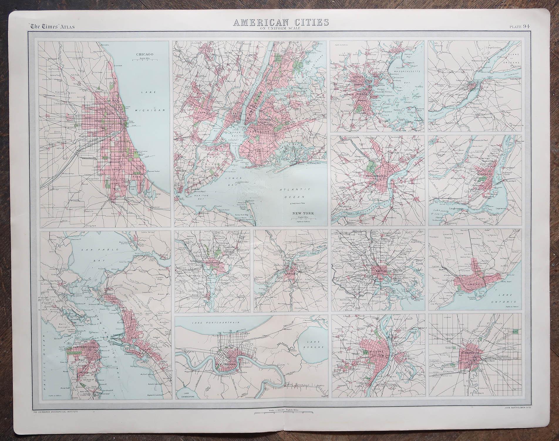 British Antique Map of American Cities, Vignette of New York City, circa 1920 For Sale