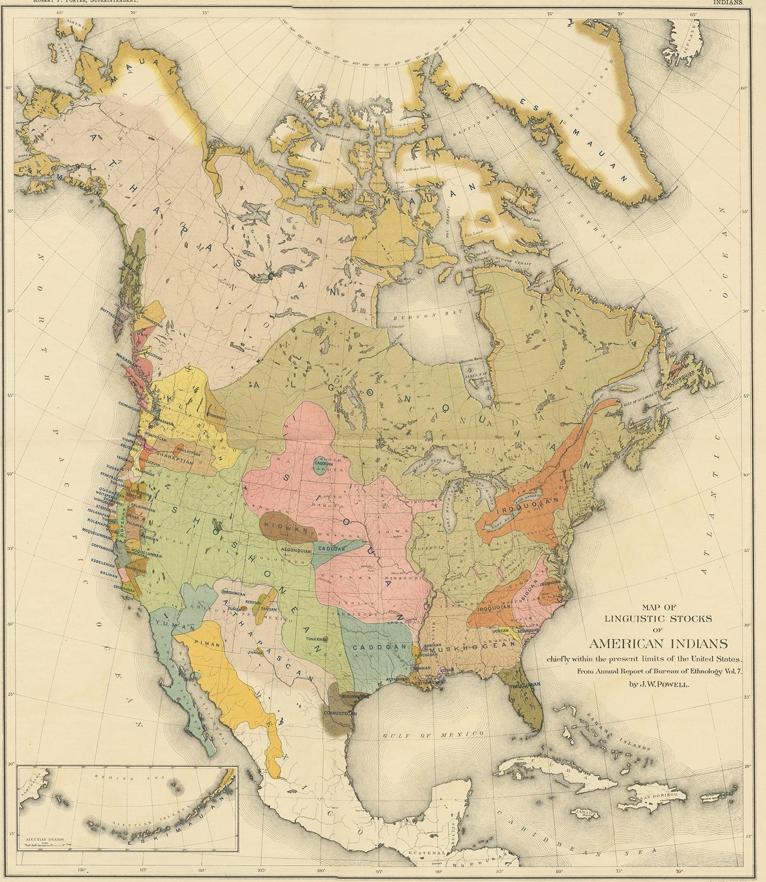 Antique map titled 'Map of Linguistic Stocks of American Indians chiefly within the present limits of the United States. From Annual Report of Bureau of Ethnology Vol. 7 by J.W. Powell'. This wonderful map depicts American Indian language groups.