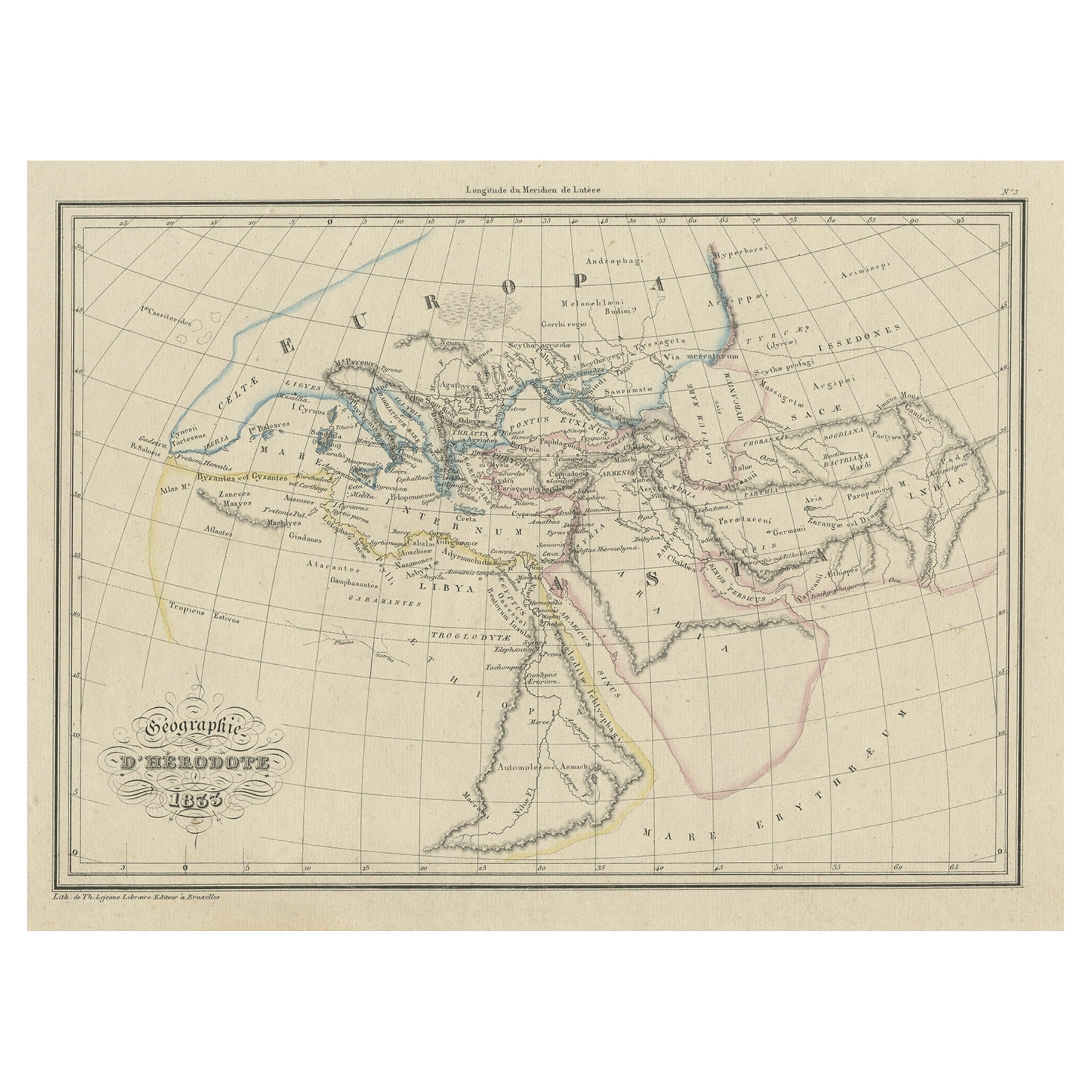 Mapa antiguo de la antigua Grecia según Heródoto, historiador griego, 1837