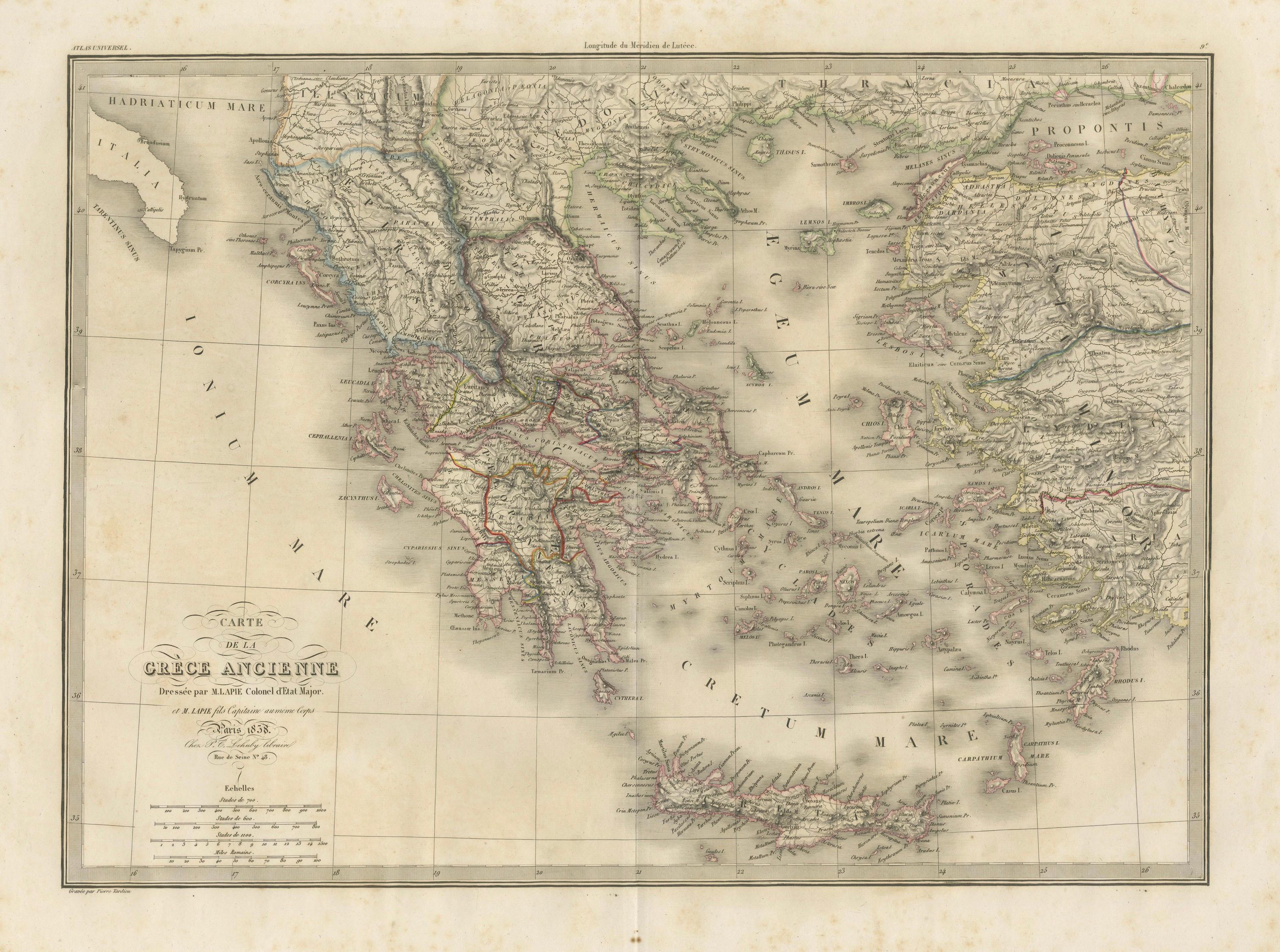 Antique Map of Ancient Greece, Mediterranean Balkans, Lapie Tardieu 1838