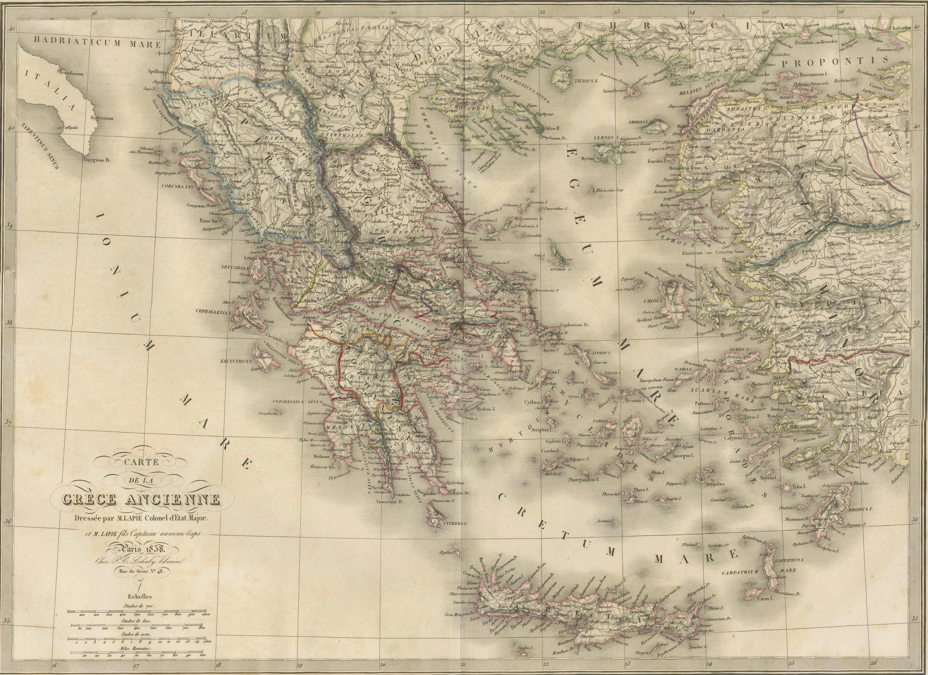 Antique Map of Ancient Greece, Mediterranean Balkans, Lapie Tardieu 1838