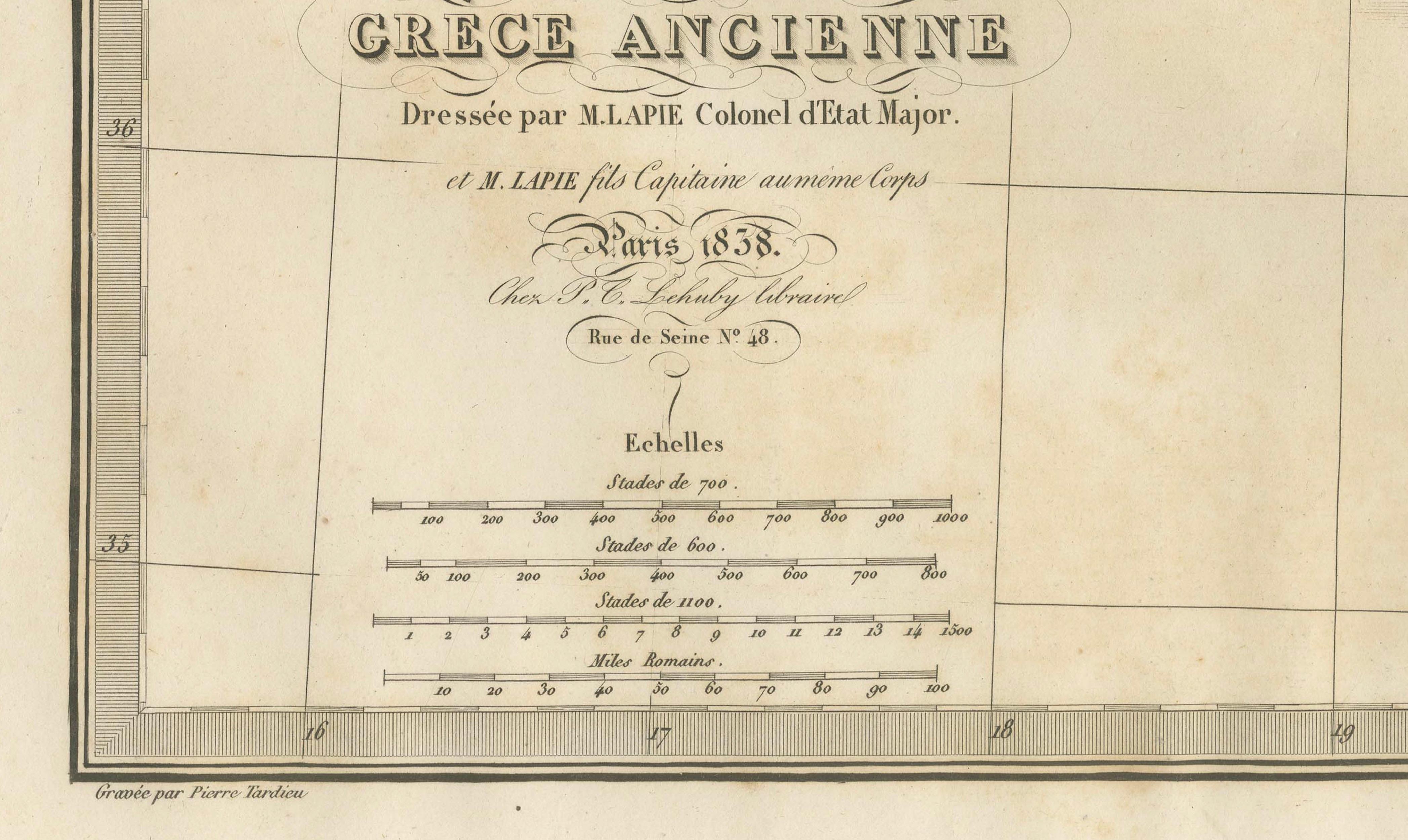 Antique Map of Ancient Greece, Mediterranean Balkans, Lapie Tardieu 1838