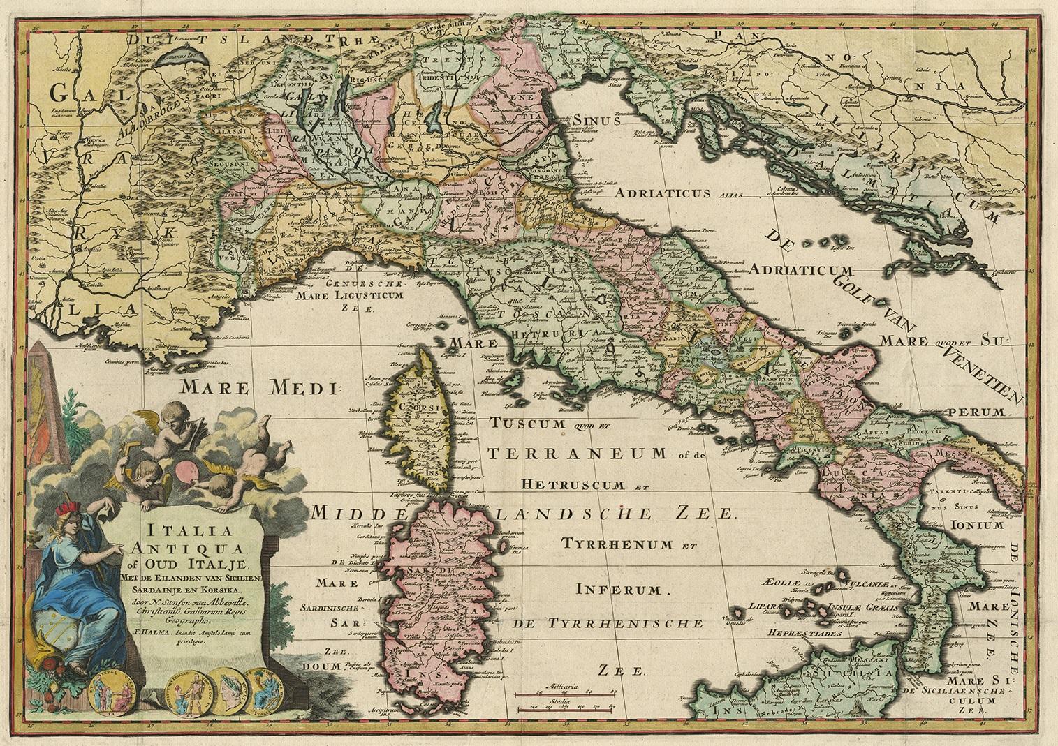 Antique map titled 'Italia Antiqua of Oud Italje (..)'. Very decorative map of ancient Italy and the islands Corsica, Sicily and Sardinia after N. Sanson, published by Francois Halma. Published by Francois Halma, circa 1700.