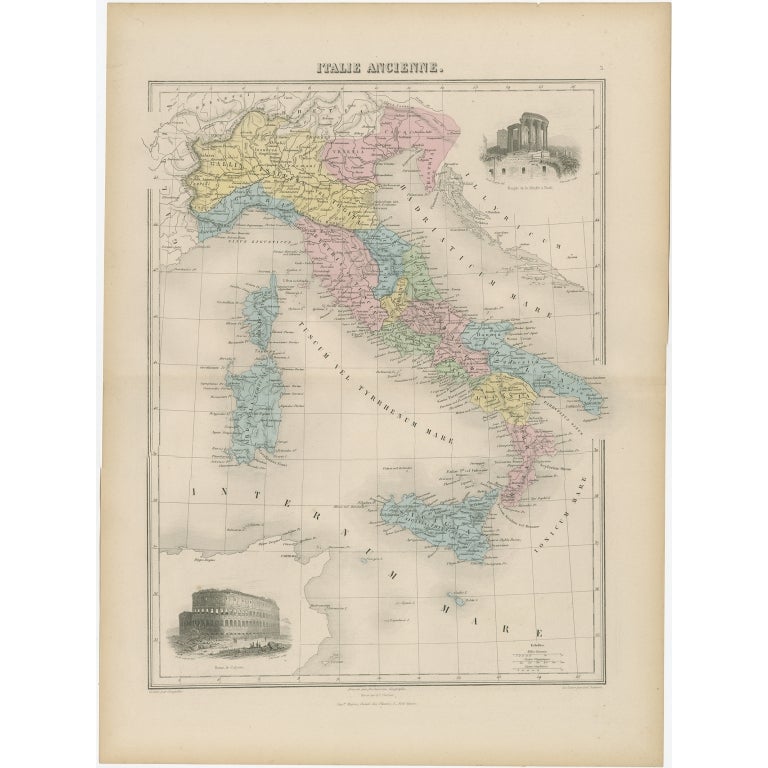 Antique Map of Ancient Italy with Inset of the Colosseum in Rome, 1880