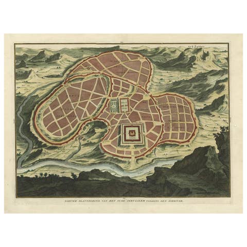 Antique Map of Ancient Jerusalem, depicting The Temple of Solomon, c.1725