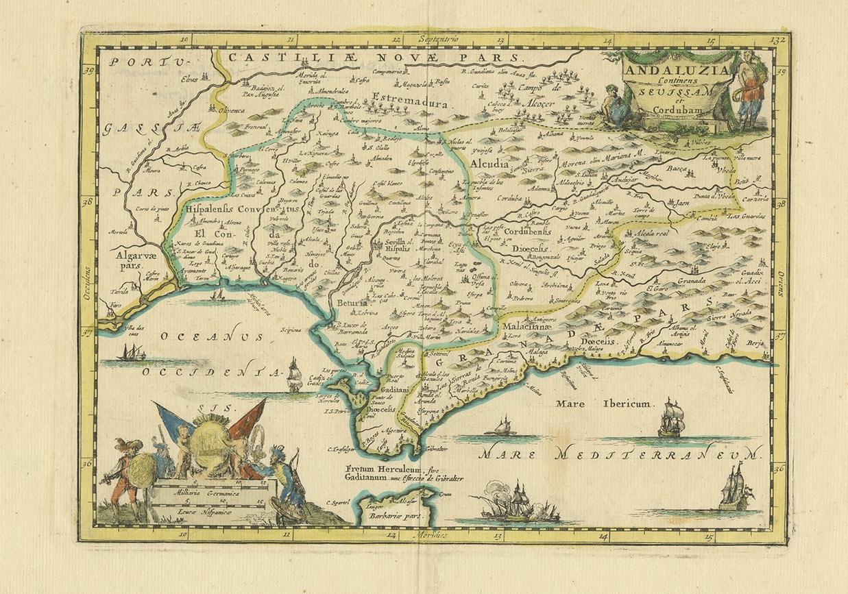 Antique map titled 'Andaluzia continens Sevillam et Cordubam'. Rare map of the region of Andalusia, Cordoba (or Cordova), Seville, Spain. Source unknown, to be determined.
