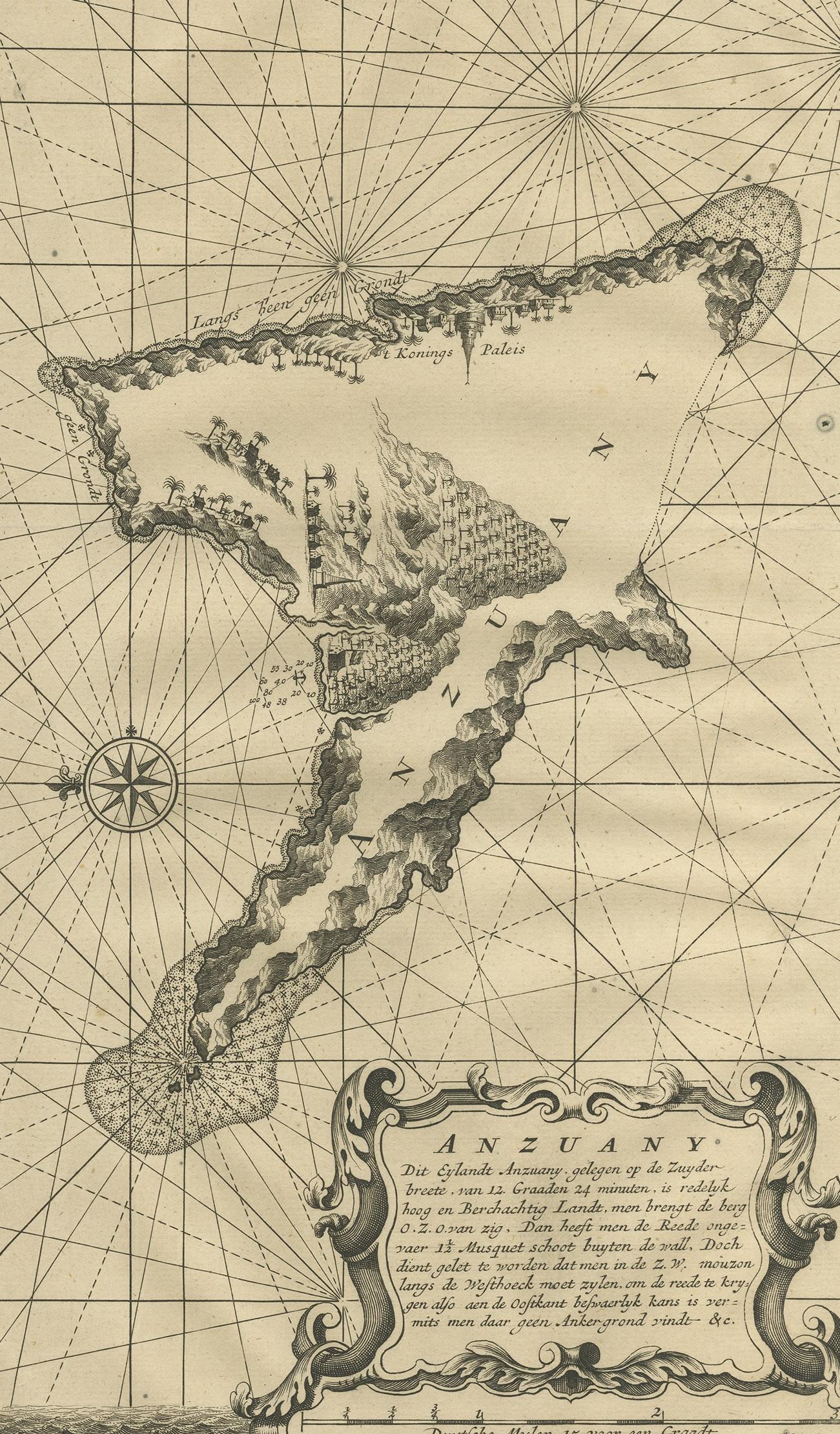 Antique map titled 'Anzuany'. This map depicts the island of Anjouan, one of the Comoros islands situated between Madagascar and Africa. The map is oriented with north to the left with the King's Palace shown upside down, and several mountains and