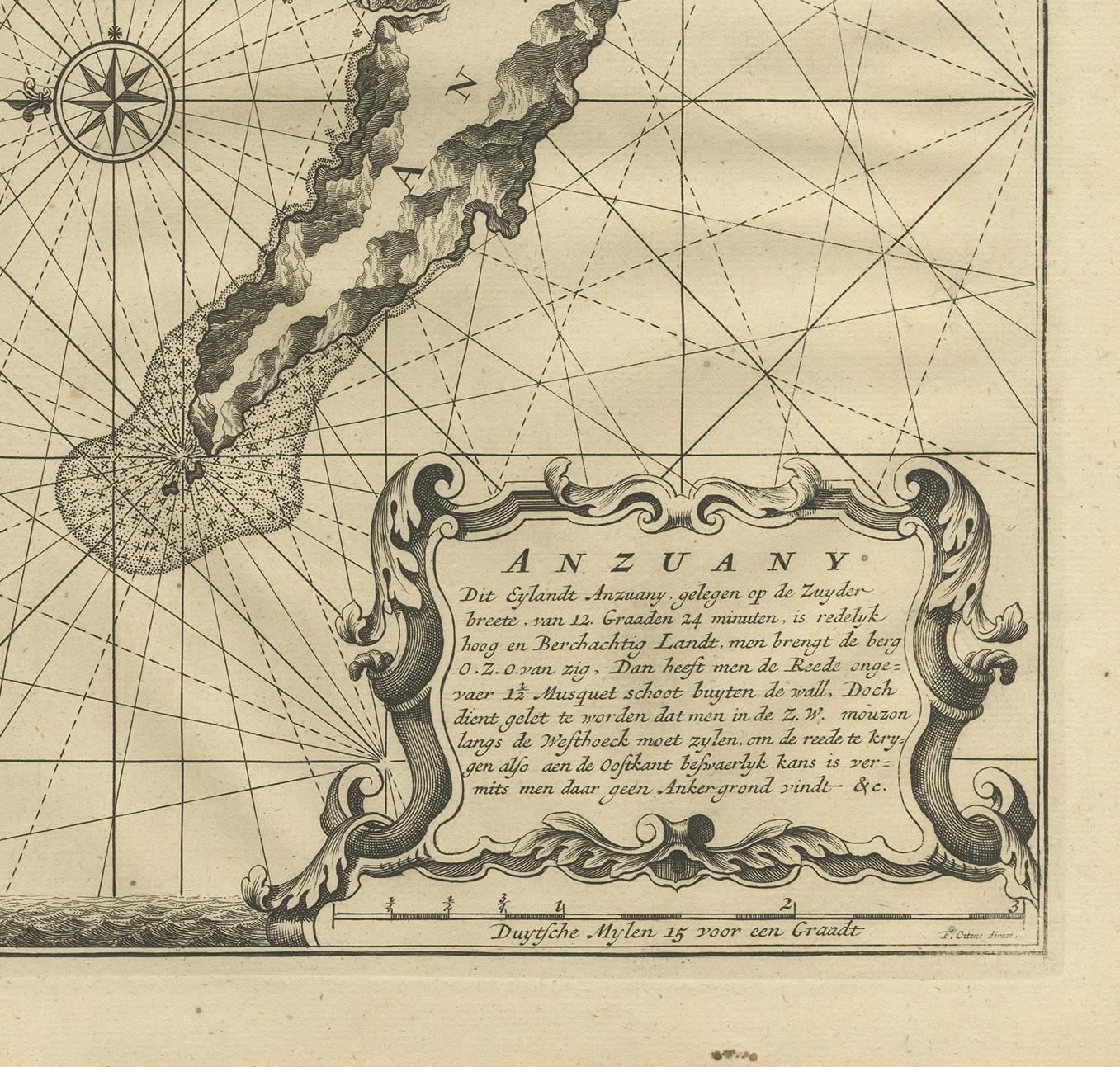 Carte ancienne de l'île d'Anjouan par Valentijn, 1726 Bon état - En vente à Langweer, NL