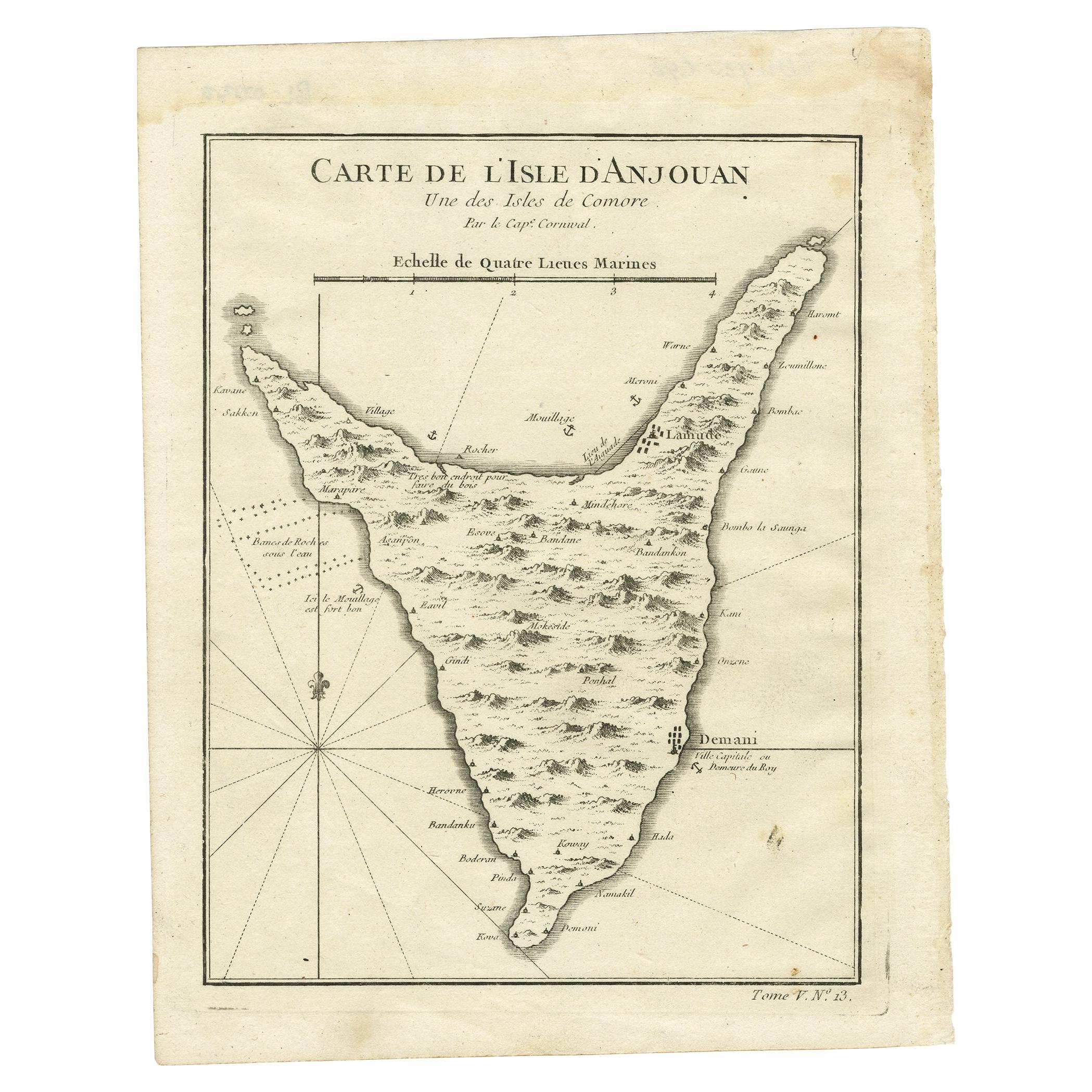 Antique map titled ‘Carte de L’Isle D’Anjouan’. Original antique map of Anjouan, also known as Ndzuwani or Nzwani, or, historically, as Johanna, an autonomous island in the Indian Ocean that forms part of the Union of the Comoros. This map