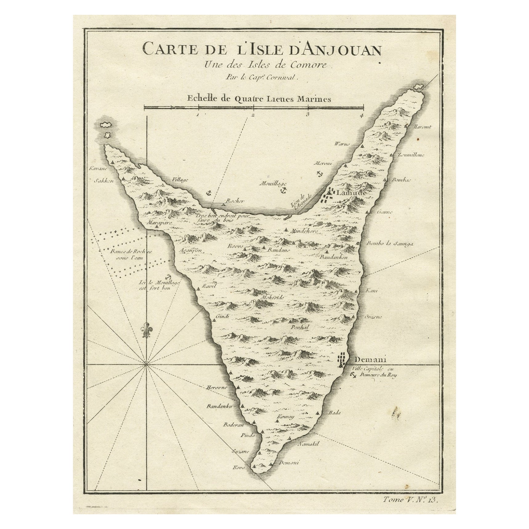 Mappa antica di Anjouan o Ndzuani, Isola delle Comore, 1748