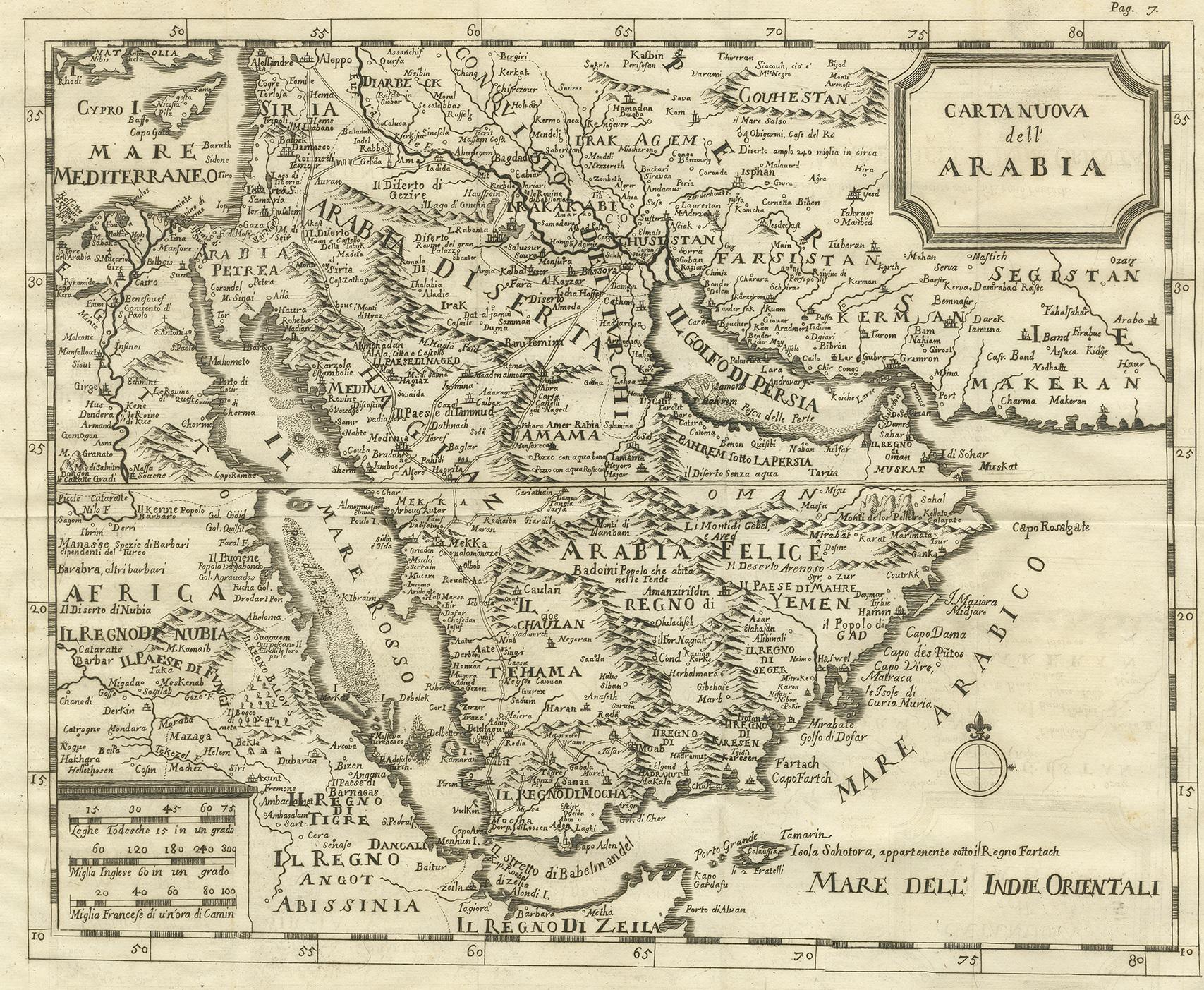 Antique map titled 'Carta nuova dell' Arabia'. Original antique map of Arabia. This map originates from 'VITA di Maometo cavata dagli autori arabi maometani (..)' by H. de Boulainvilliers, published, 1745. Henri de Boulainvilliers was a French