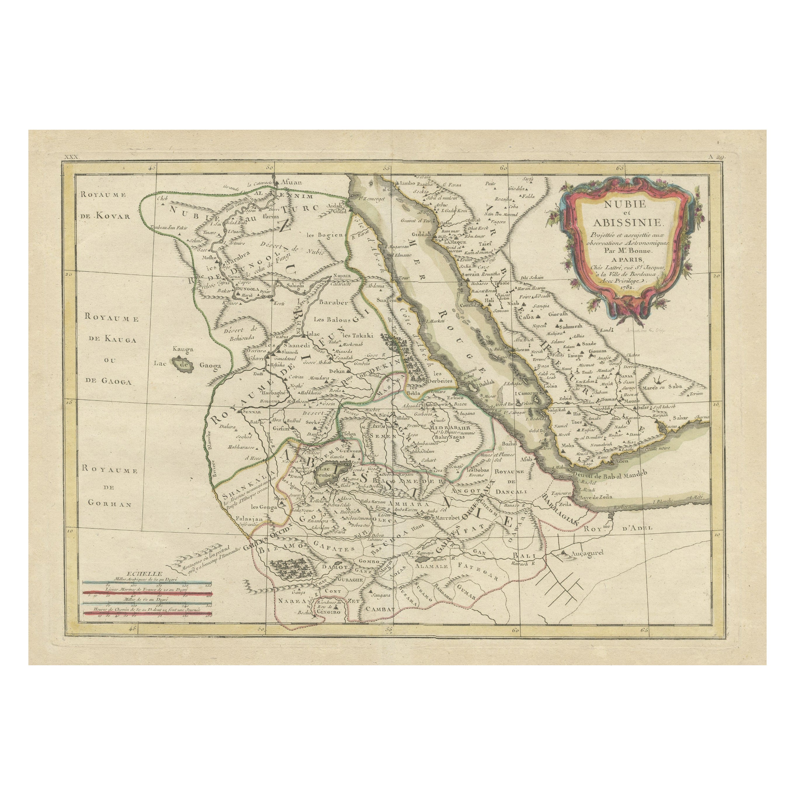 Carte ancienne de l'Arabia incluant la Nubie et l'Abyssinie, montrant également la Mer Rouge
