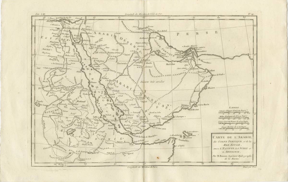 Antique Map of Arabia, Red Sea & Persian Gulf by Rigobert Bonne, 1780
