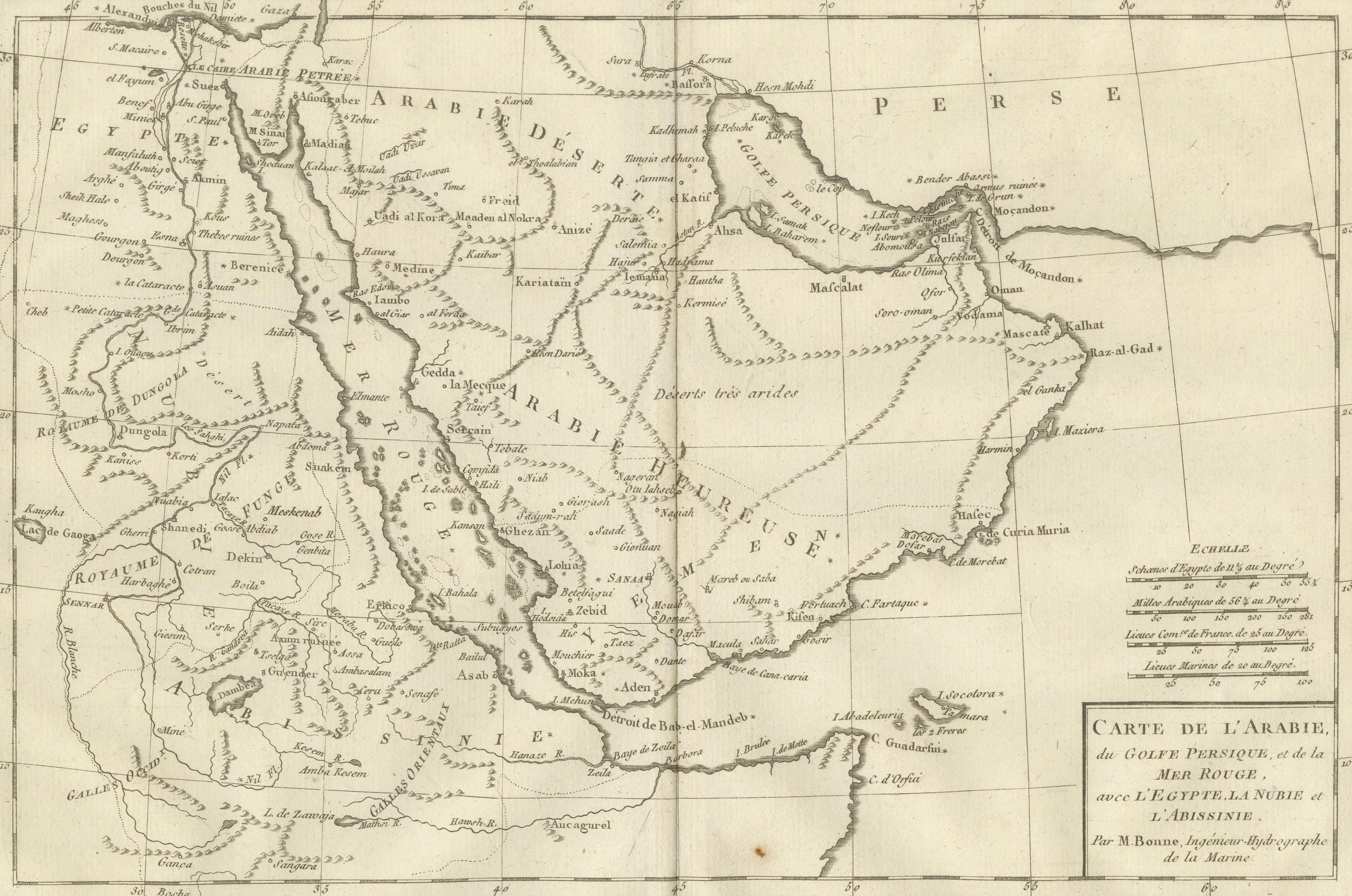 Antique Map of Arabia, Red Sea & Persian Gulf by Rigobert Bonne, 1780