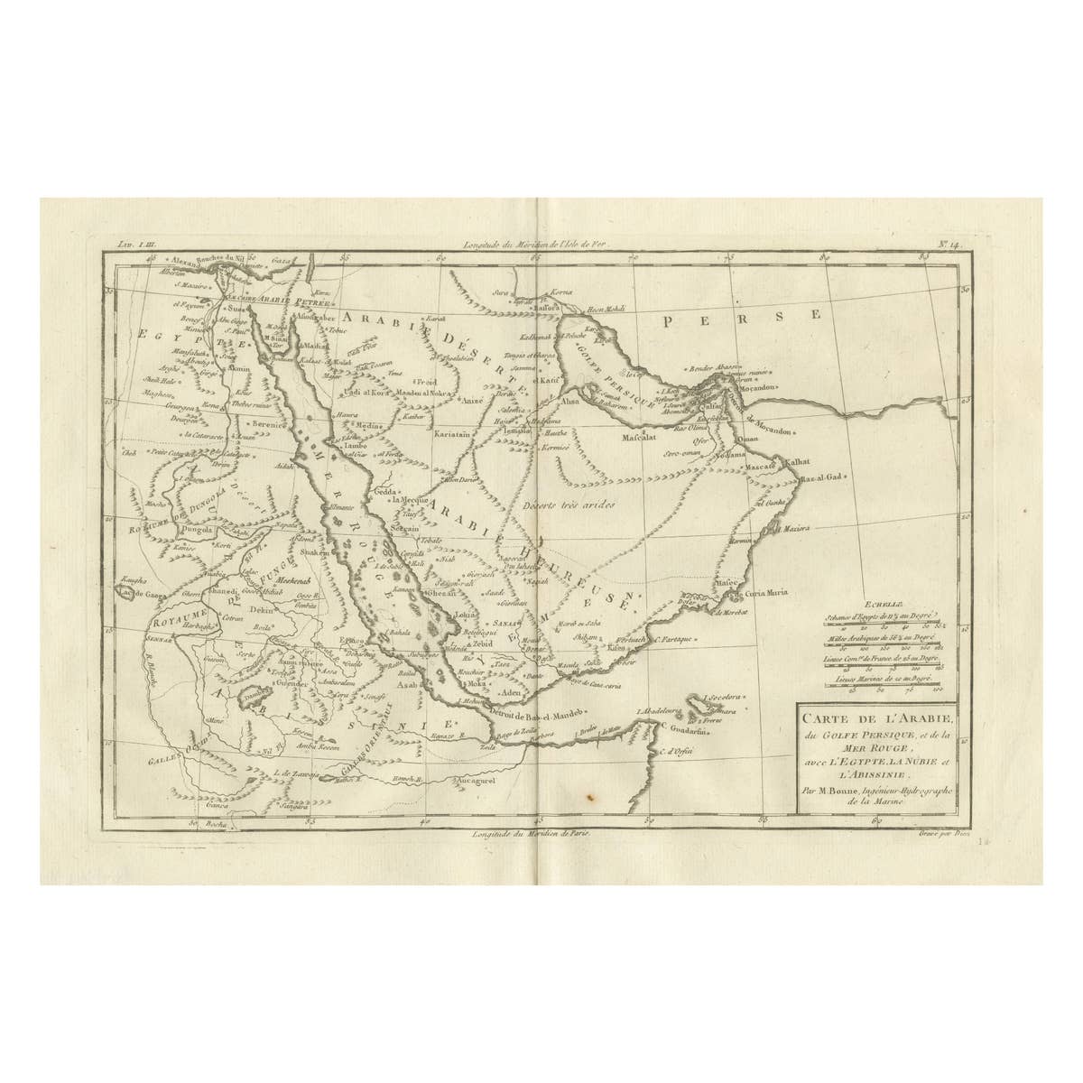 Antique Map of Arabia, Red Sea & Persian Gulf by Rigobert Bonne, 1780