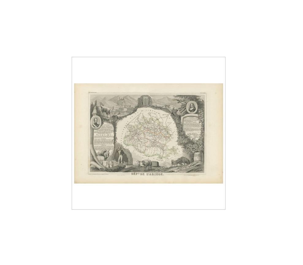 Antique map titled 'Dépt. de l'Ariège'. Map of the French department of Ariege, France. This area of France is known for its production of semi-soft and mild cheeses, such as Bethmale, Bamalous, Moulis and Rogallai. The whole is surrounded by