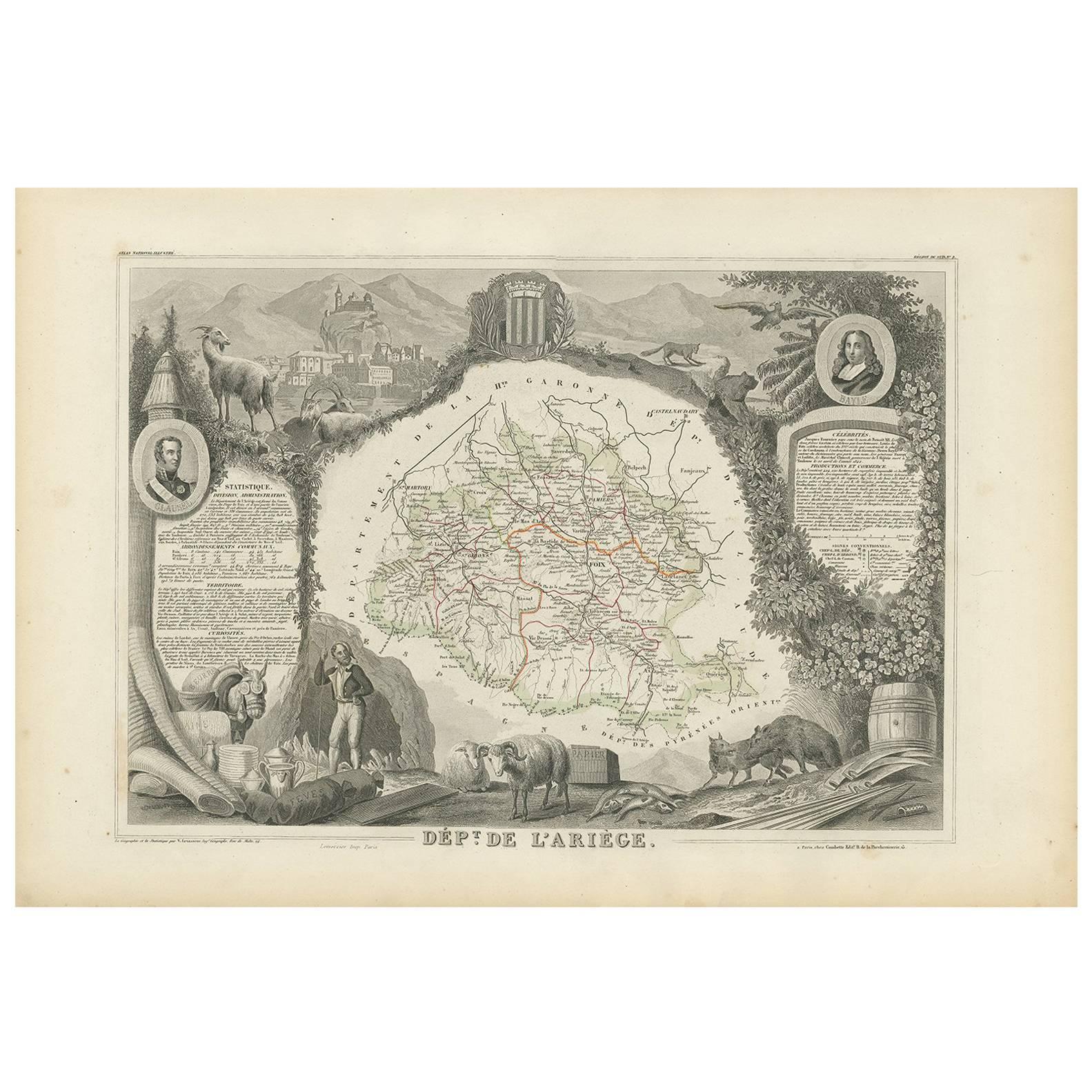 Antique Map of Ariège ‘France’ by V. Levasseur, 1854 For Sale