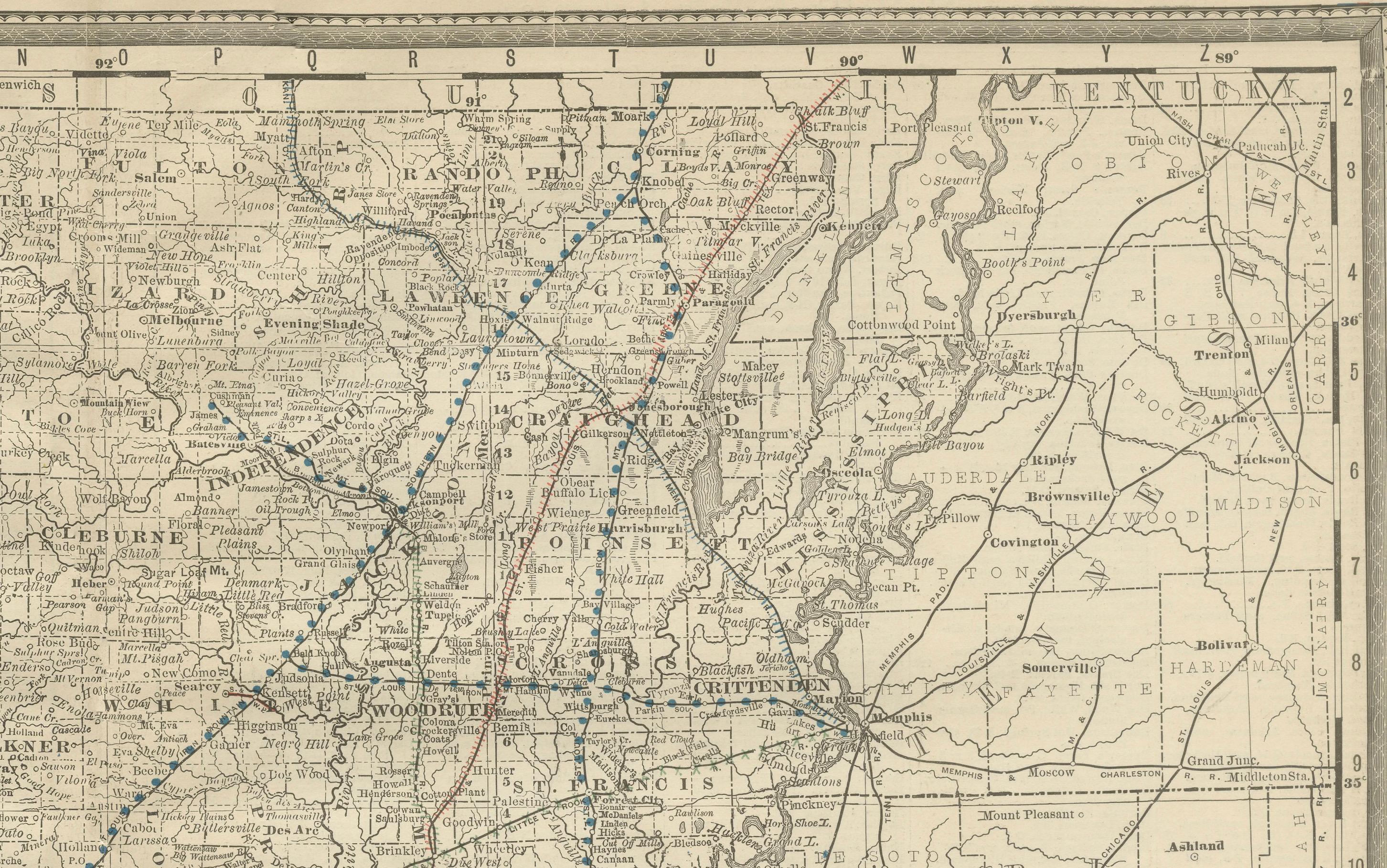 Mappa dell'Arkansas 1888 - Litografia antica di Rand McNally

Questa antica mappa dell'Arkansas del 1888, pubblicata da Rand, McNally & Co., fornisce un ritratto dettagliato dello stato alla fine del XIX secolo, quando le ferrovie e l'agricoltura ne
