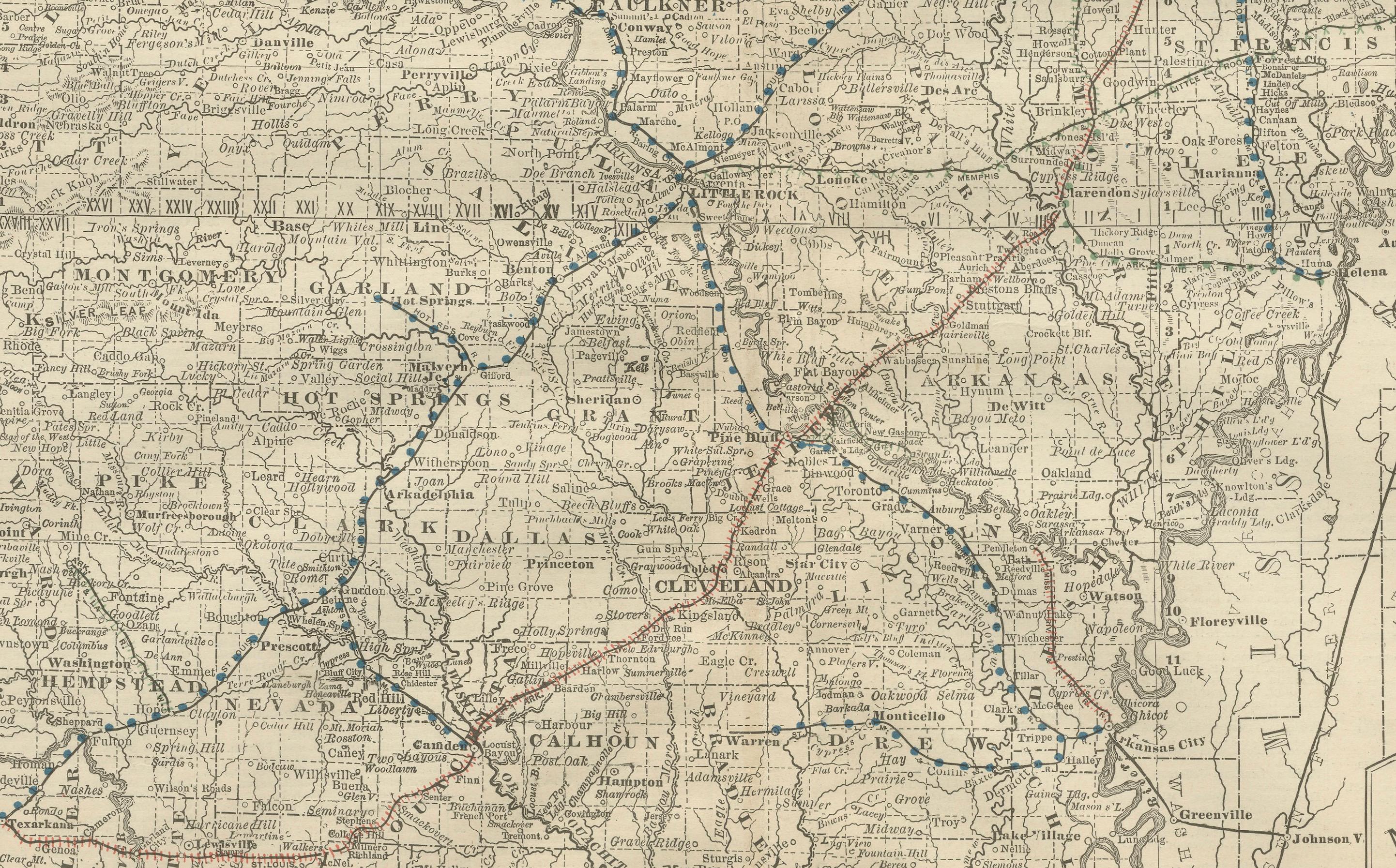 Americano Mappa antica dell'Arkansas 1888 - Lo Stato naturale, ferrovie e città in vendita