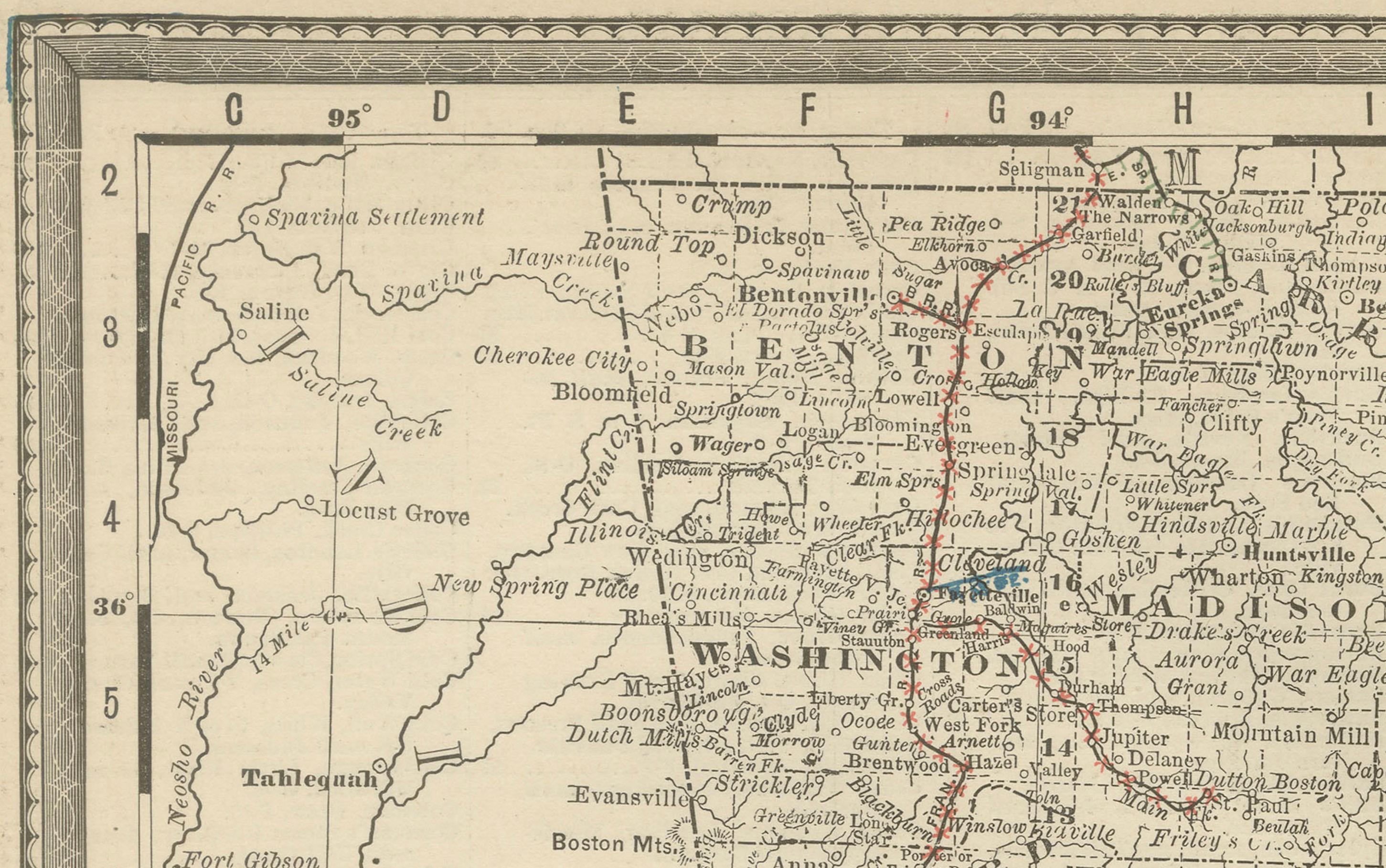 Mappa antica dell'Arkansas 1888 - Lo Stato naturale, ferrovie e città In condizioni buone in vendita a Langweer, NL